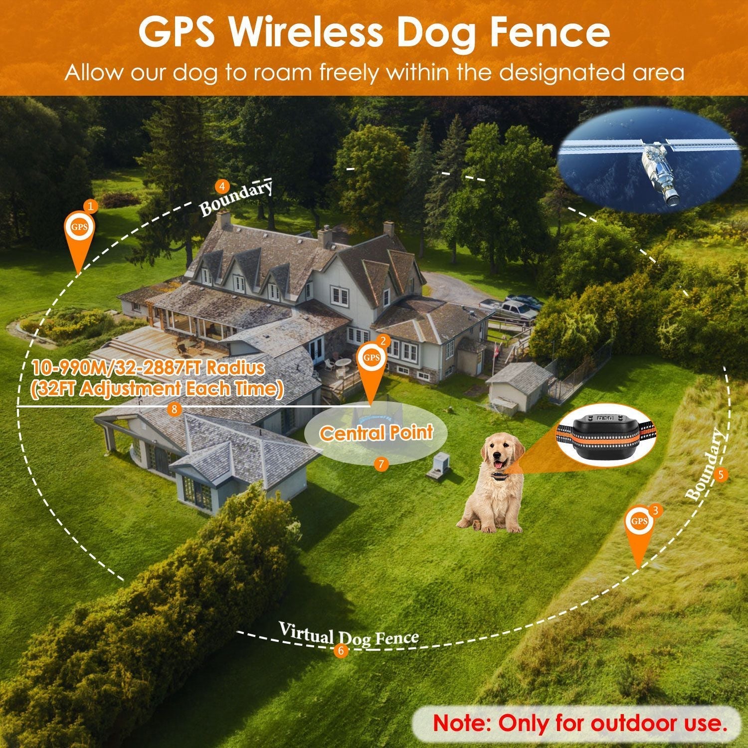 2 In 1 Dog GPS Fence Tracker Wireless GPS Dog Fence GPS Dog Collar with 32 - 2887FT Radius IPX6 Waterproof - Spot