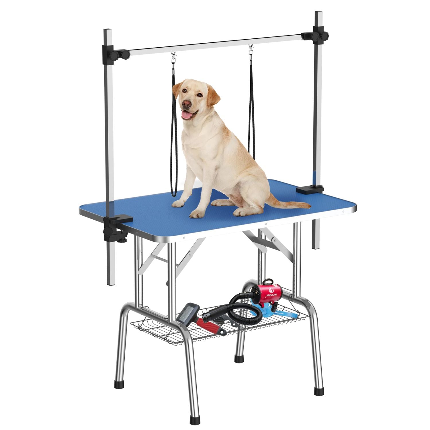 36 Inch Foldable Dog Grooming Table for Home with Adjustable Arm, Noose, Non - Slip Surface, and Storage Mesh Tray - Spot