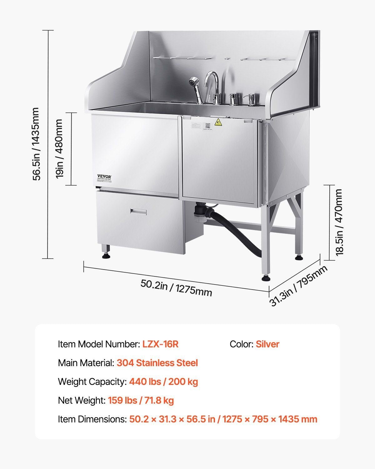 50 Inch Dog Grooming Bath Tub Stainless Steel w Ramp Faucet Showerhead - Spot