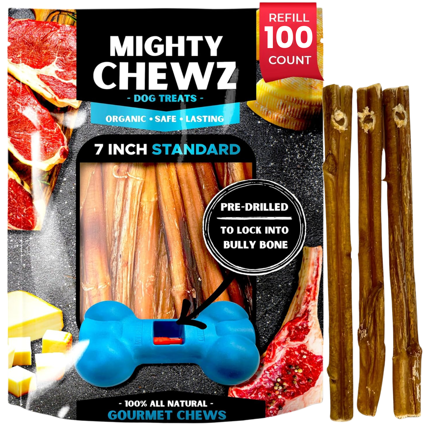 7 Inch Bully Sticks Refill Pack Pre Drilled For Mighty Chewz Holder - shop_name pets petsupplys