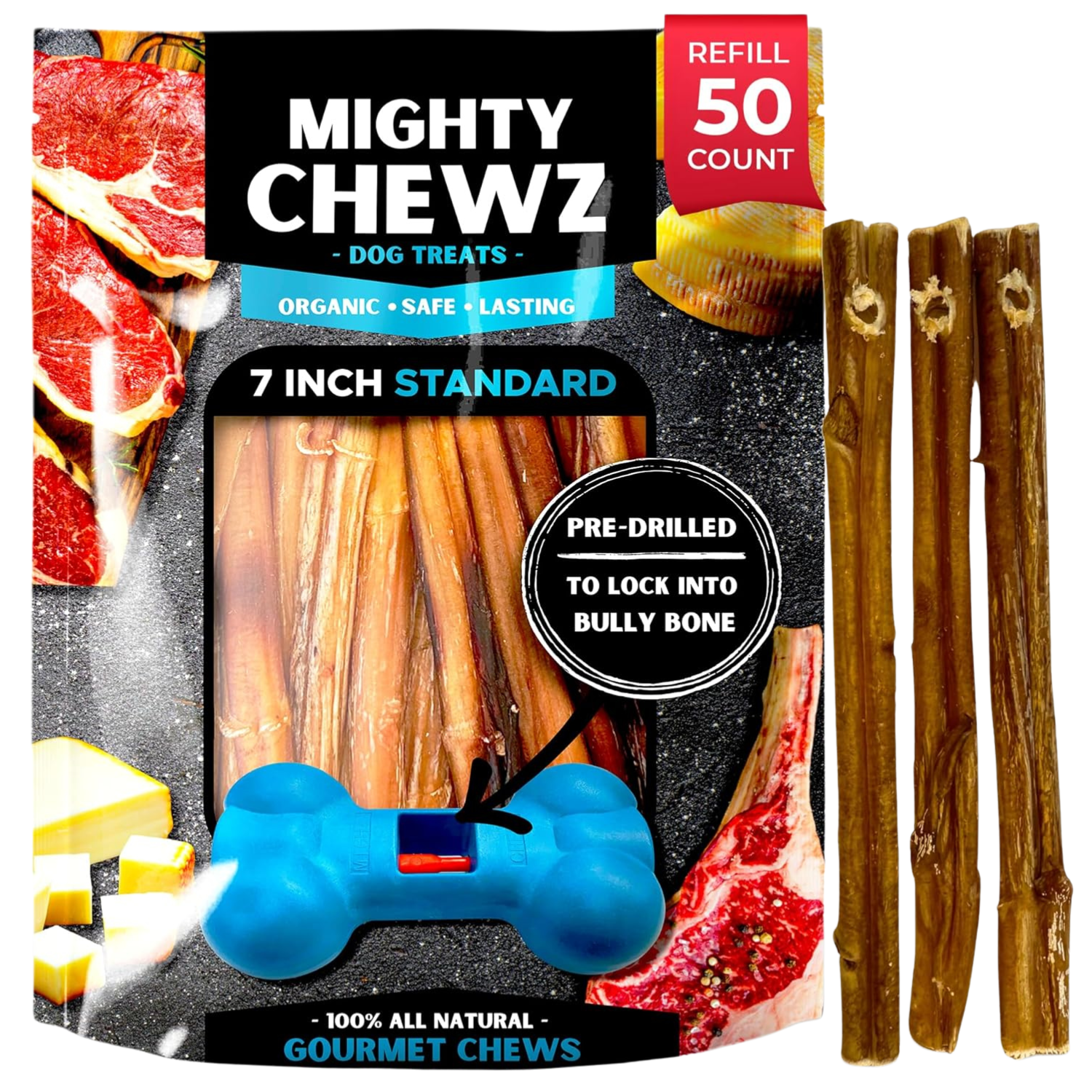 7 Inch Bully Sticks Refill Pack Pre Drilled For Mighty Chewz Holder - shop_name pets petsupplys