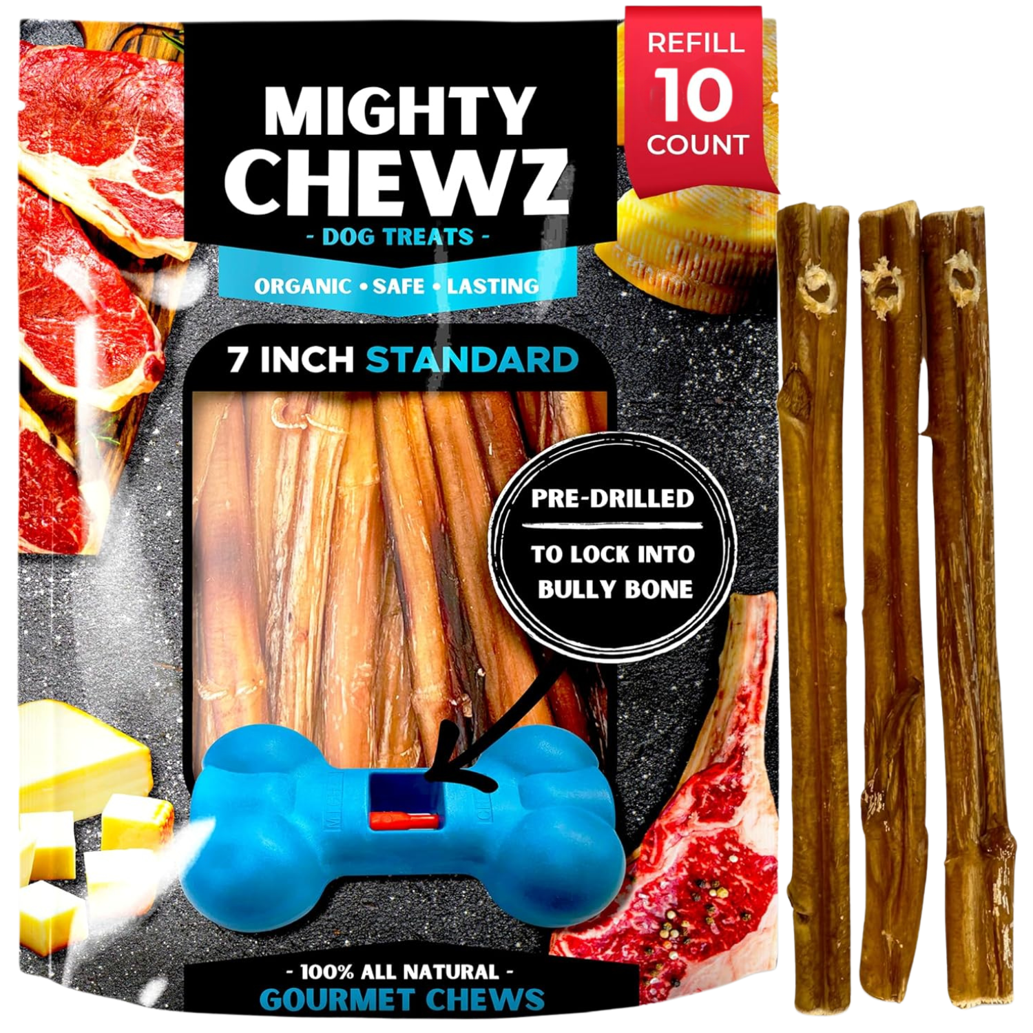 7 Inch Bully Sticks Refill Pack Pre Drilled For Mighty Chewz Holder - shop_name pets petsupplys