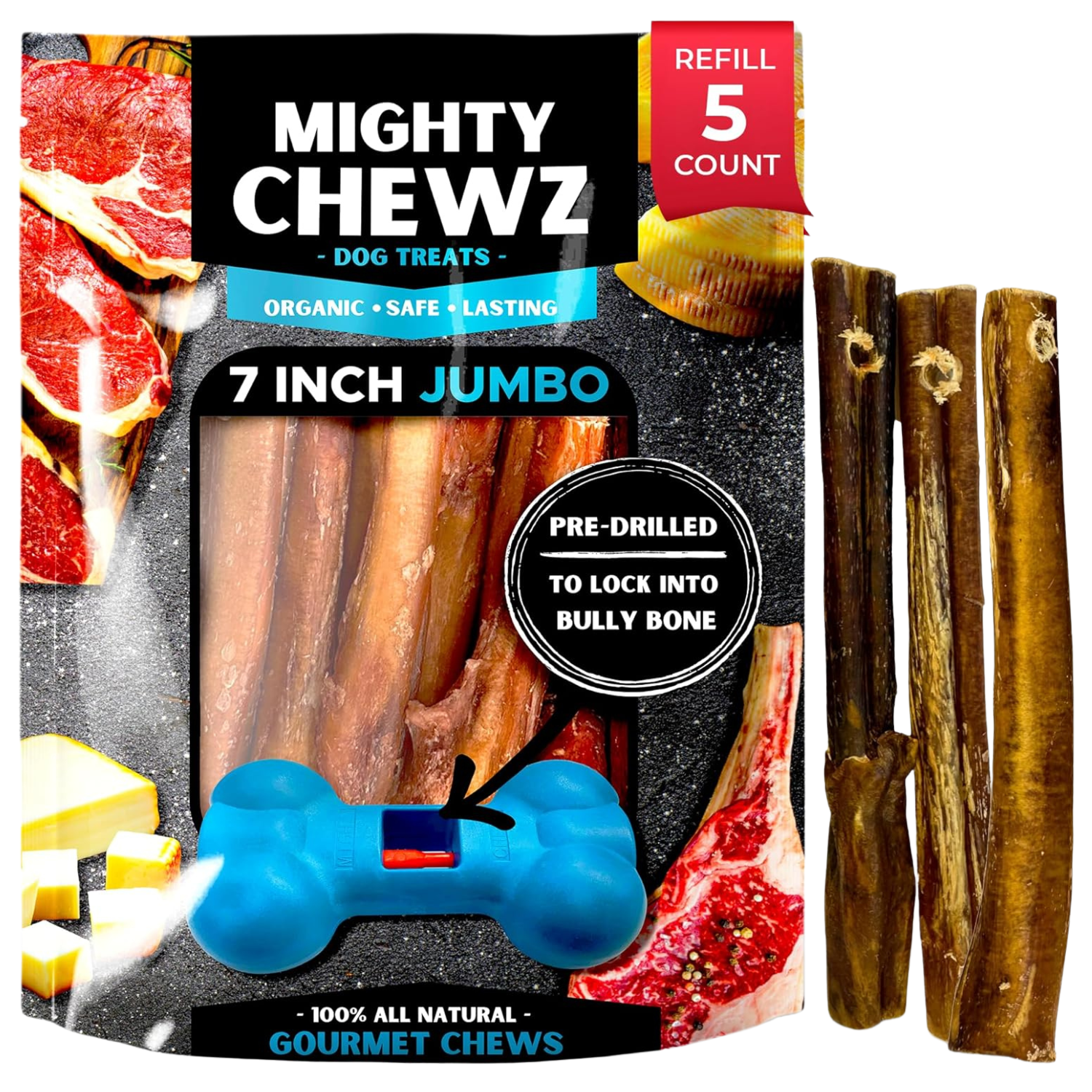 7 Inch Jumbo Bully Sticks Refill Pack Pre Drilled For Mighty Chewz Holder - shop_name pets petsupplys