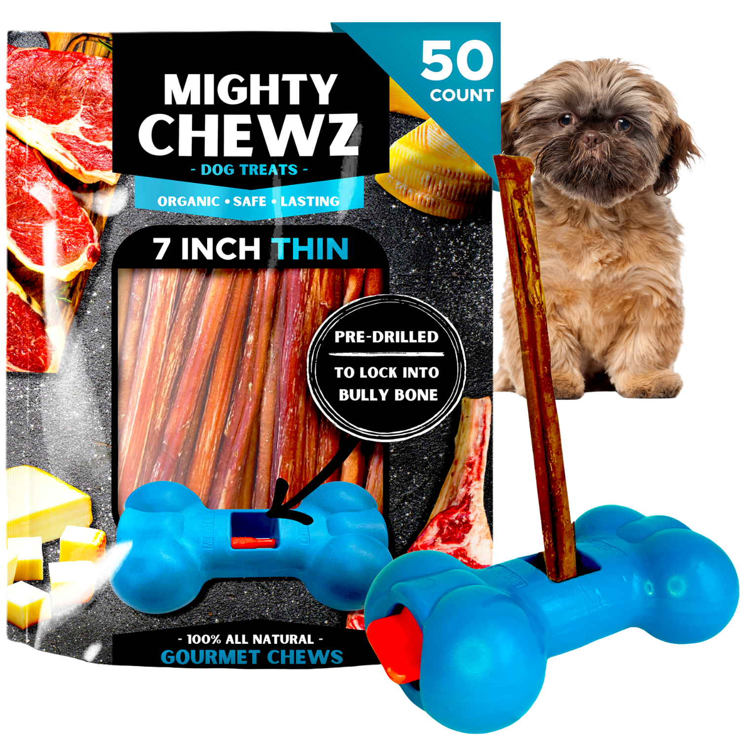 7 Inch Thin Bully Sticks With Bully Stick Holder For Safe Chewing - shop_name pets petsupplys