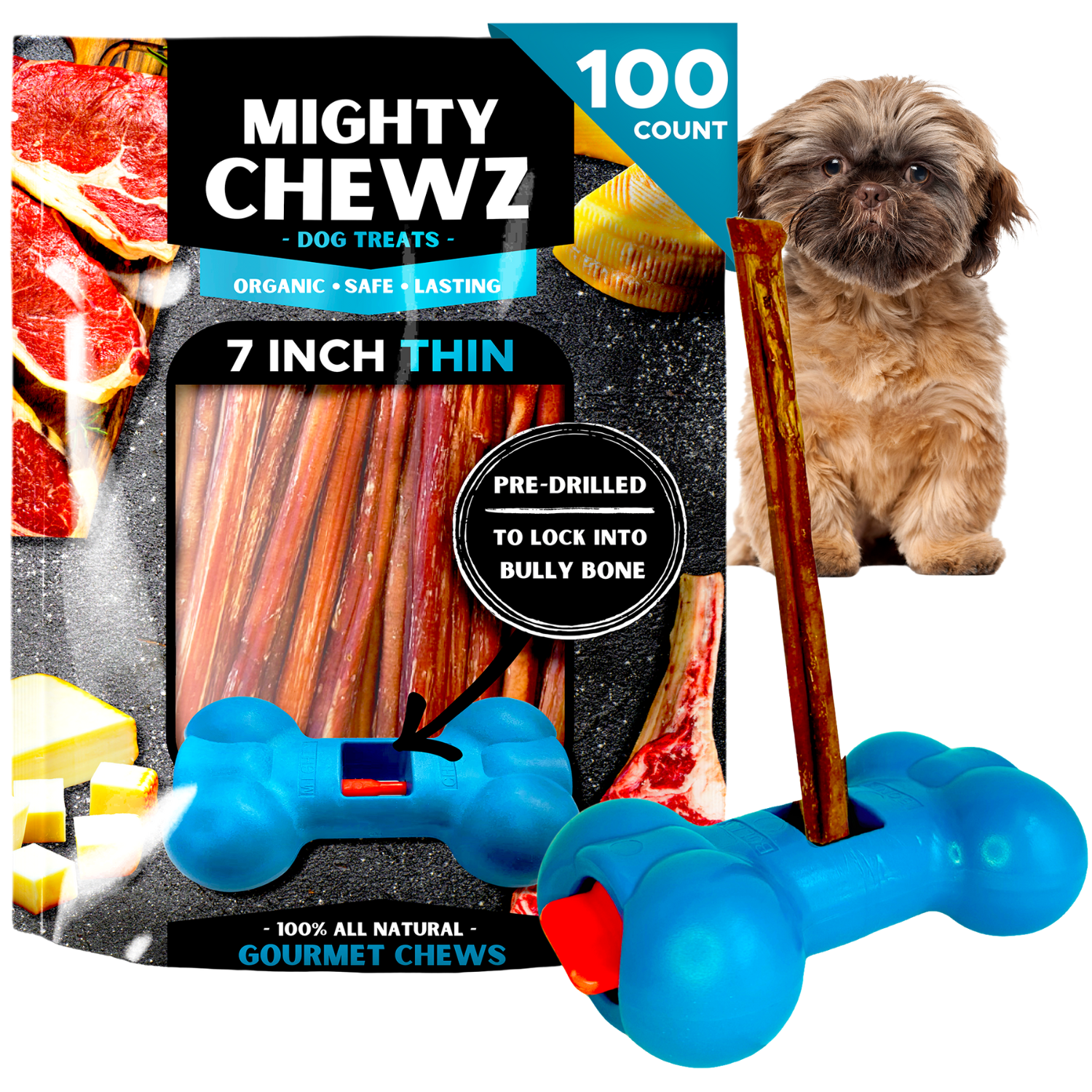 7 Inch Thin Bully Sticks With Bully Stick Holder For Safe Chewing - shop_name pets petsupplys
