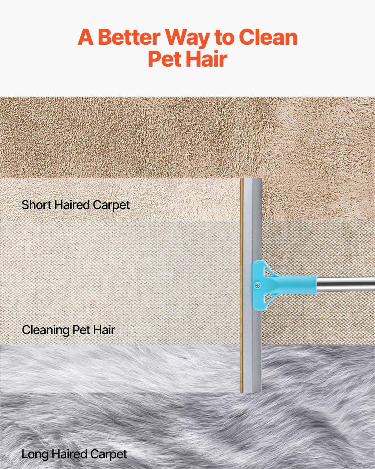 Adjustable Long Handle Pet Hair Carpet Rake - Groomer for Clean Floors - Spot