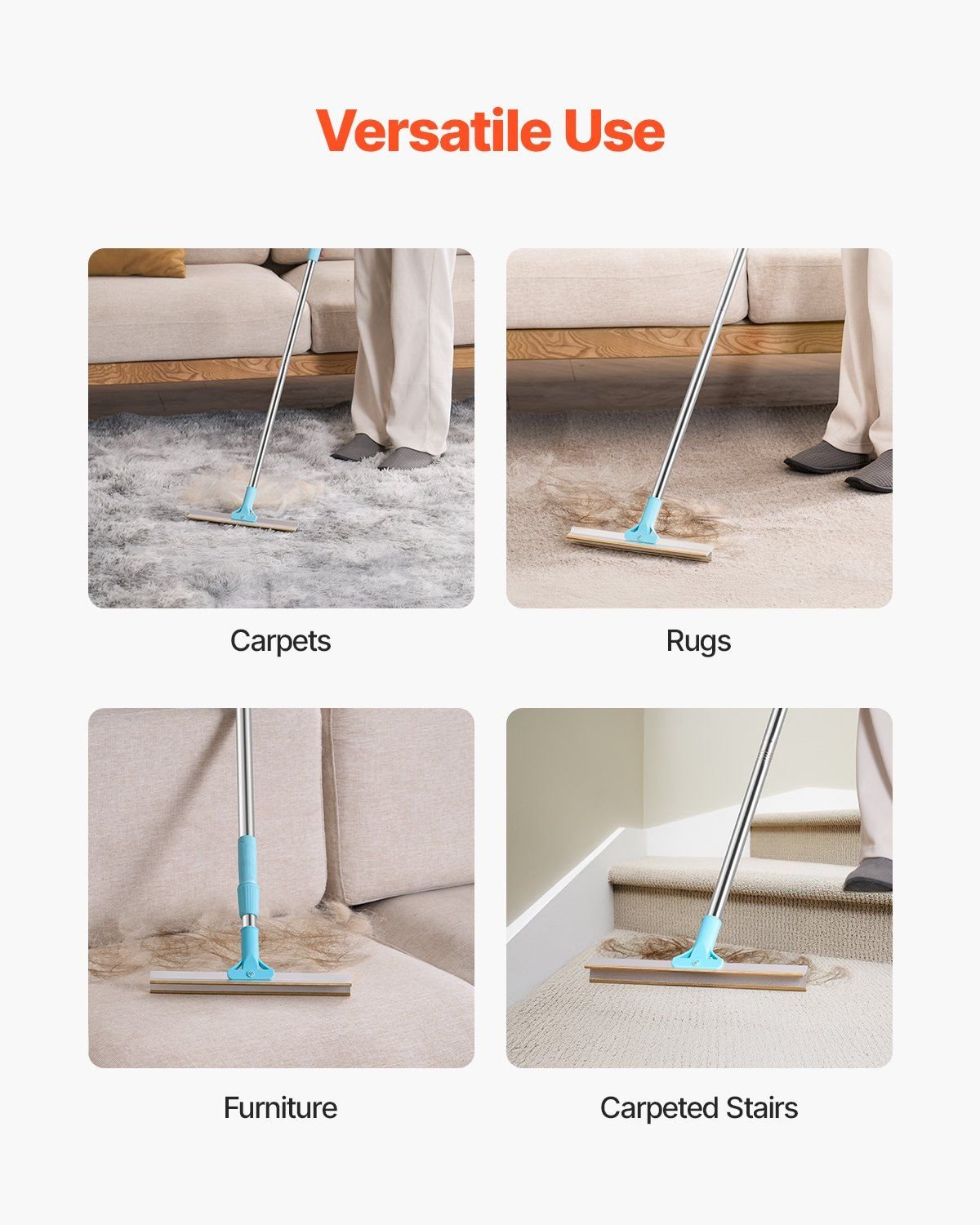 Adjustable Long Handle Pet Hair Carpet Rake - Groomer for Clean Floors - Spot