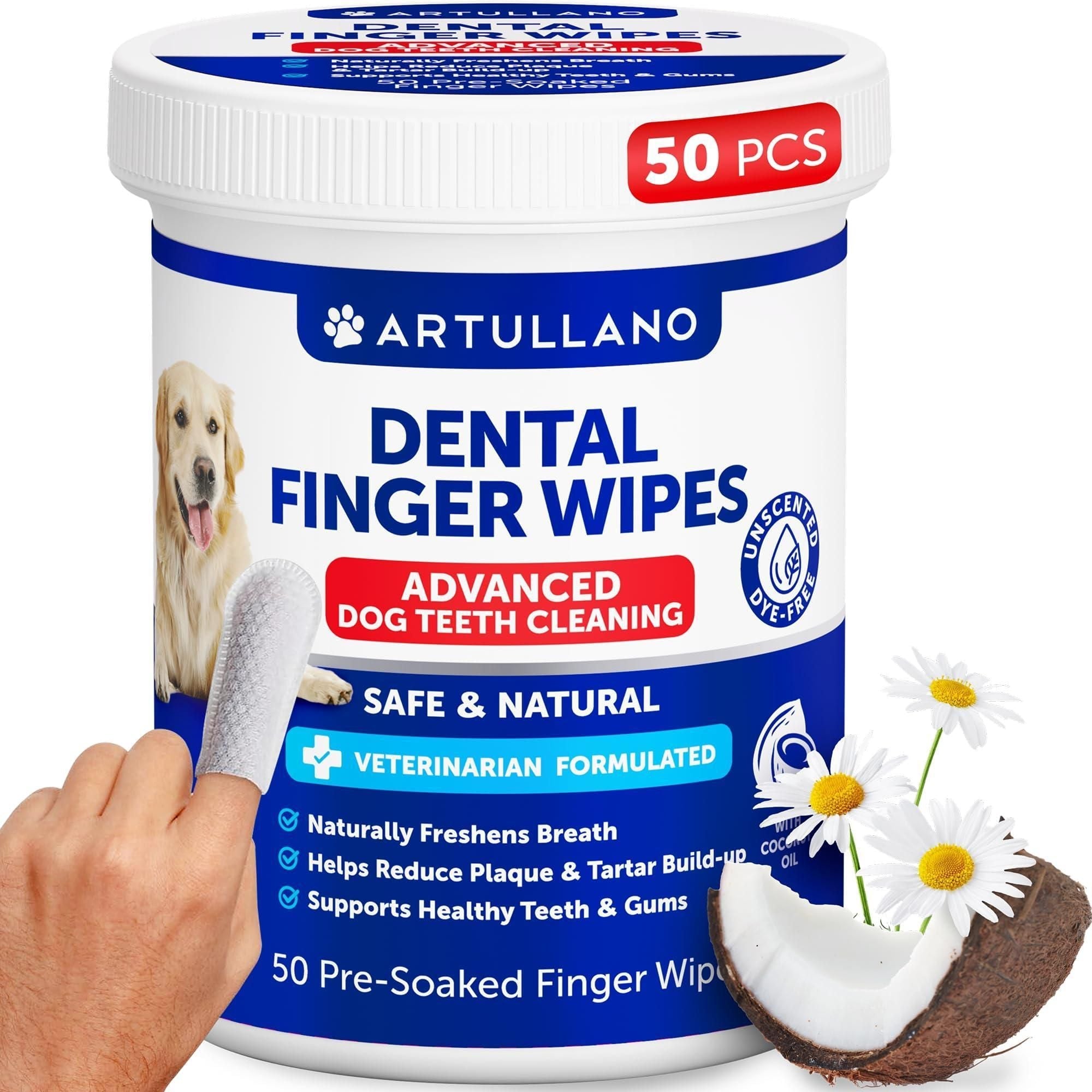 Dog Teeth Cleaning Wipes 50 Dog Dental Care Finger Wipes Disposable Finger Toothbrush for Removing Plaque and Tartar Buildup Oral Freshness Healthy Teeth and Gum Support with Coconut Oil - Spot