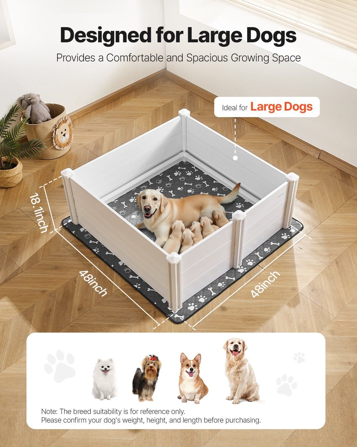 Dog Whelping Box 48 x 48 x 18.1 inch with Height Adjustable Door for Large Dogs - Spot