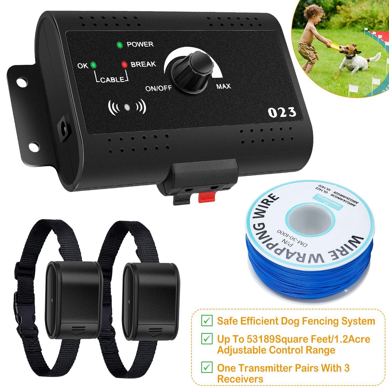 Electric Dog Fence System Pet Tone Shock Boundary Containment Water Resistant Collar Receiver For Small Medium Large Dog - Spot