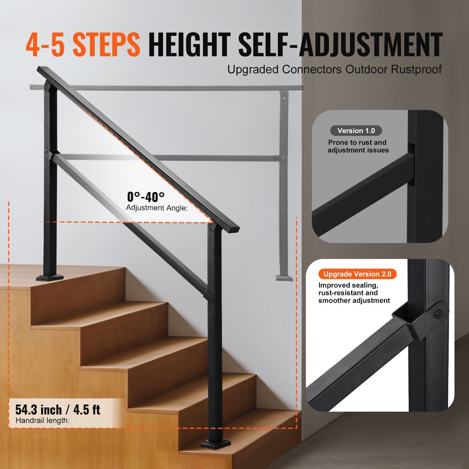 Outdoor Handrails for 4 - 5 Step Stairs Black Square Tube Easy Install for Senior - Spot
