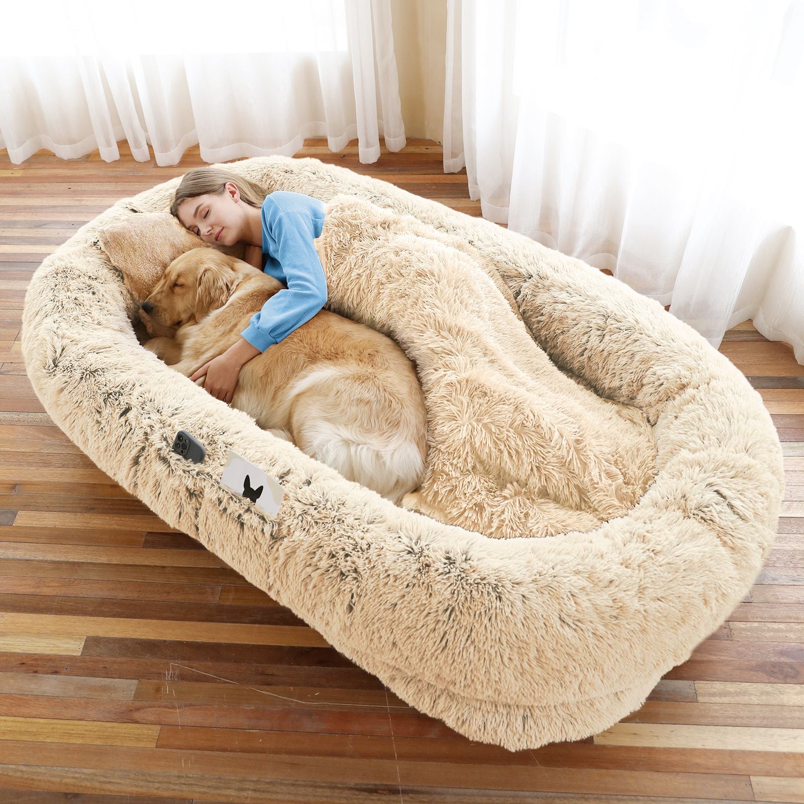 Human Dog Bed, Large Size Fits You and Pets, Washable Faux Fur Dog Bed for People Doze Off, Napping Orthopedic Dog Bed, Present Plump Pillow, Blanket, Strap - Spot