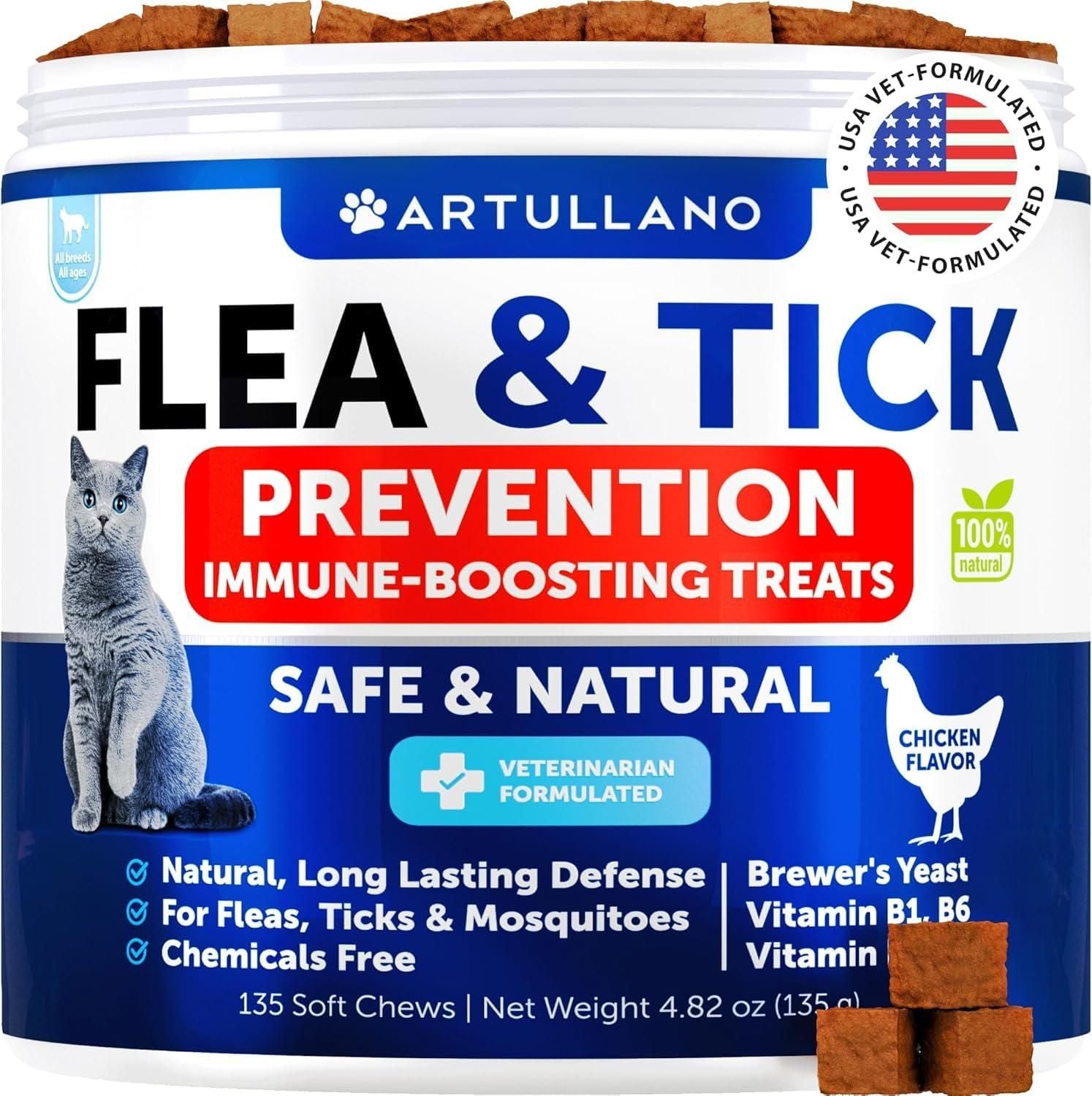 Flea Treatment for Cats Natural Flea and Tick Prevention Supplement for Cats Kittens Chewable Daily Oral Pills with Vitamins 135 Soft Chews Skin & Coat Dental treats Digestion - Spot