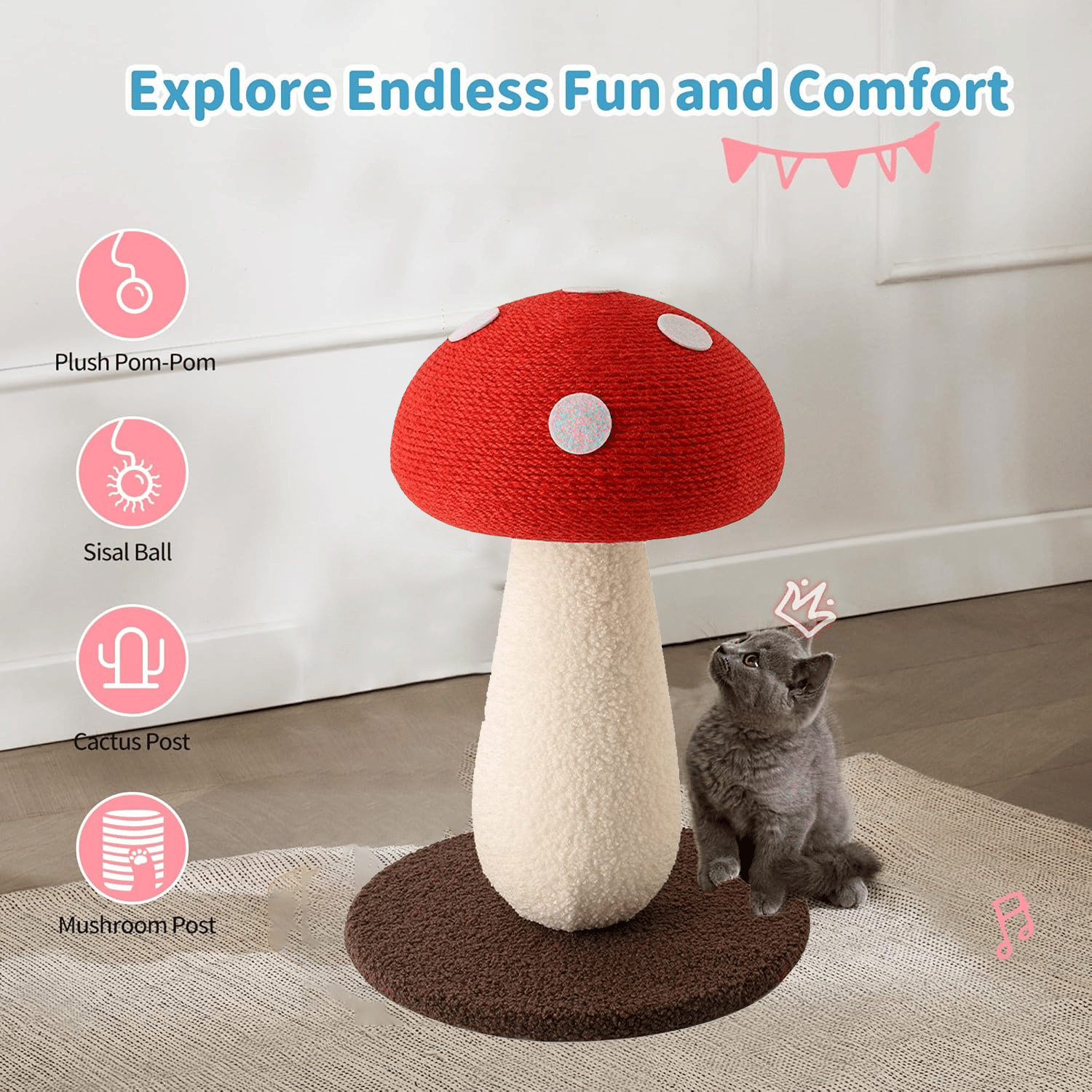 Extra Large Vertical Sisal Mushroom Shaped Cat Scratcher, Cat Scratching Table, Cat Scratching Board, Indoor Cat Interactive Cute Mushroom Cat Scratcher Cat Scratching Board - Spot