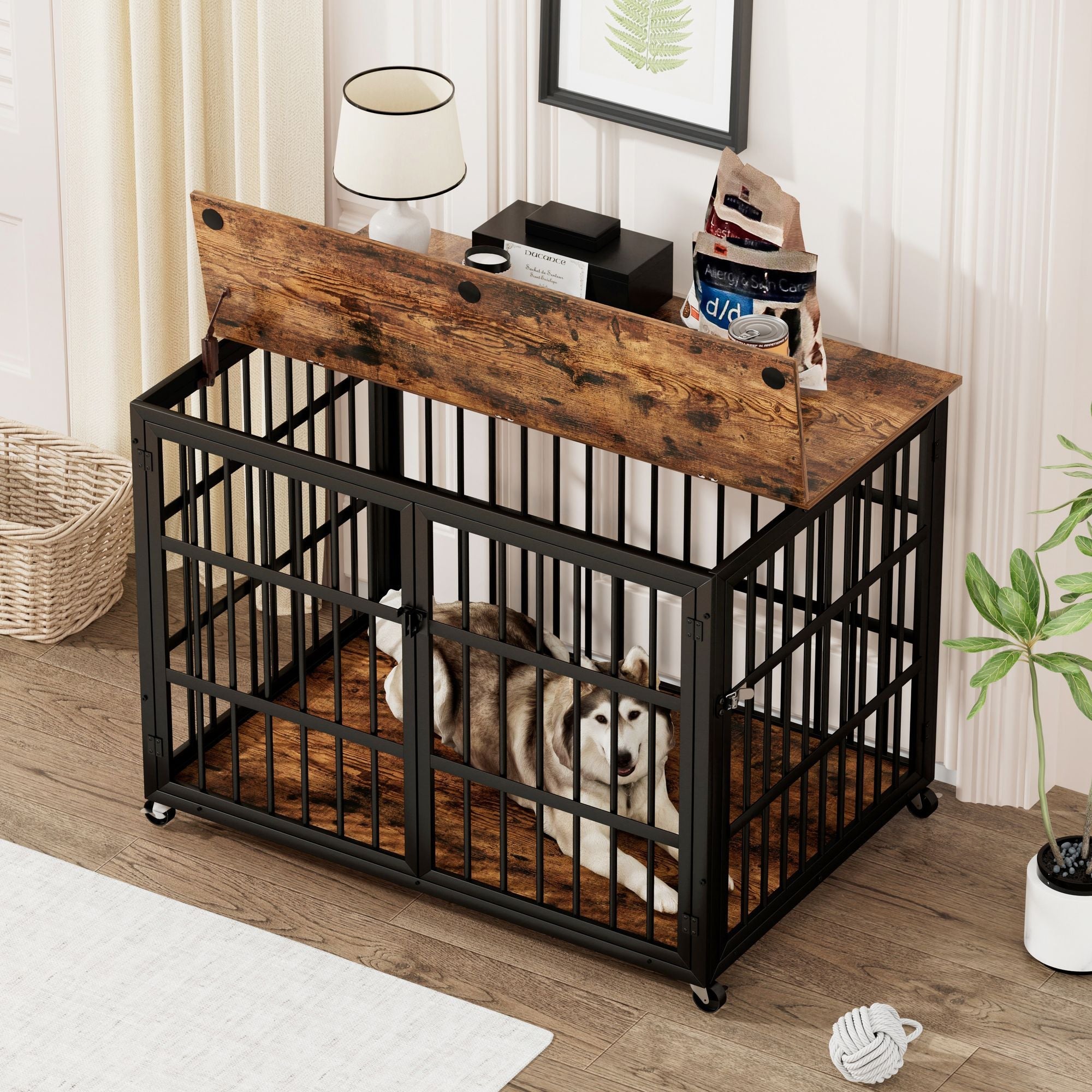Furniture style dog crate wrought iron frame door with side openings, Rustic Brown, 43.3''W x 29.9''D x 33.5''H. - Spot