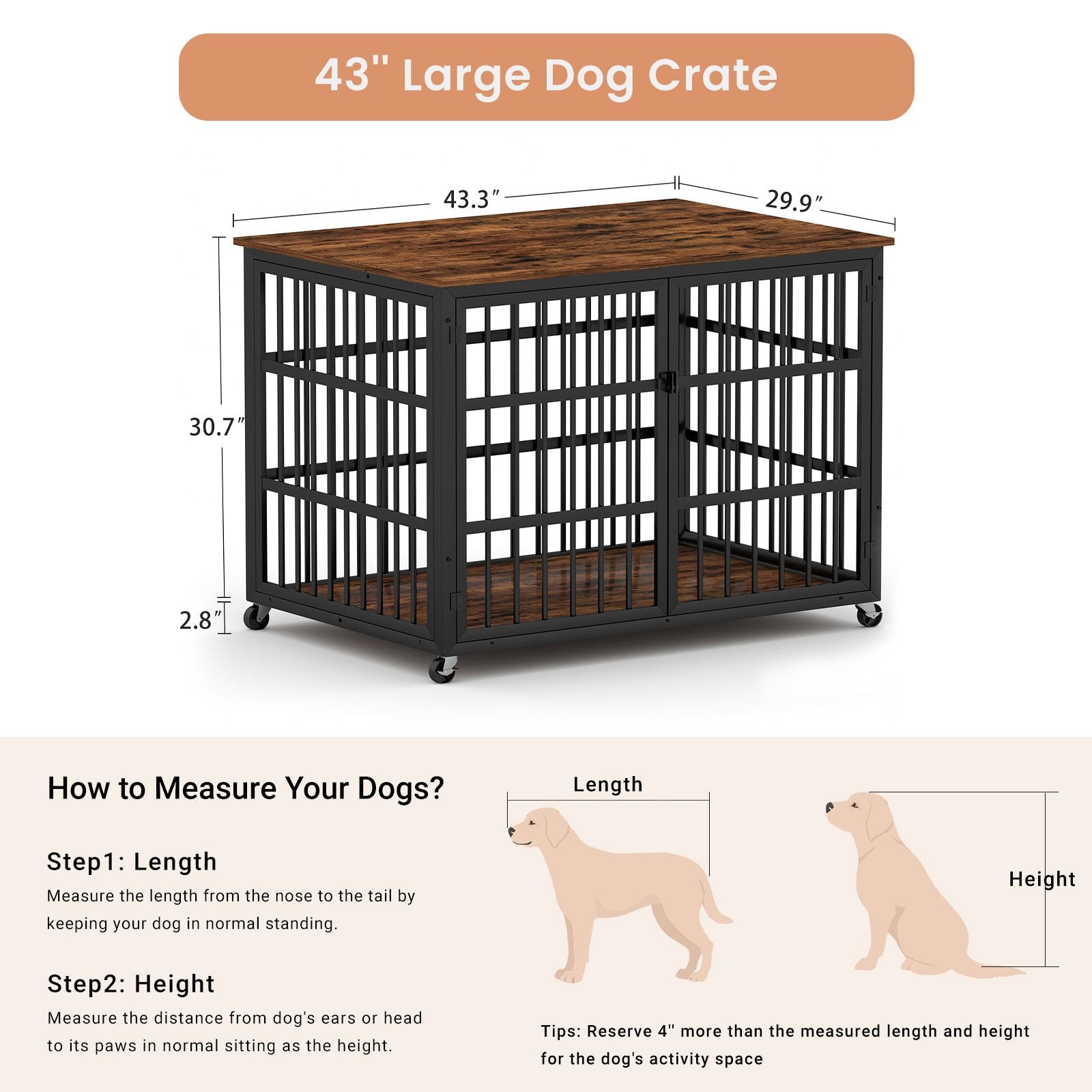 Furniture style dog crate wrought iron frame door with side openings, Rustic Brown, 43.3''W x 29.9''D x 33.5''H. - Spot