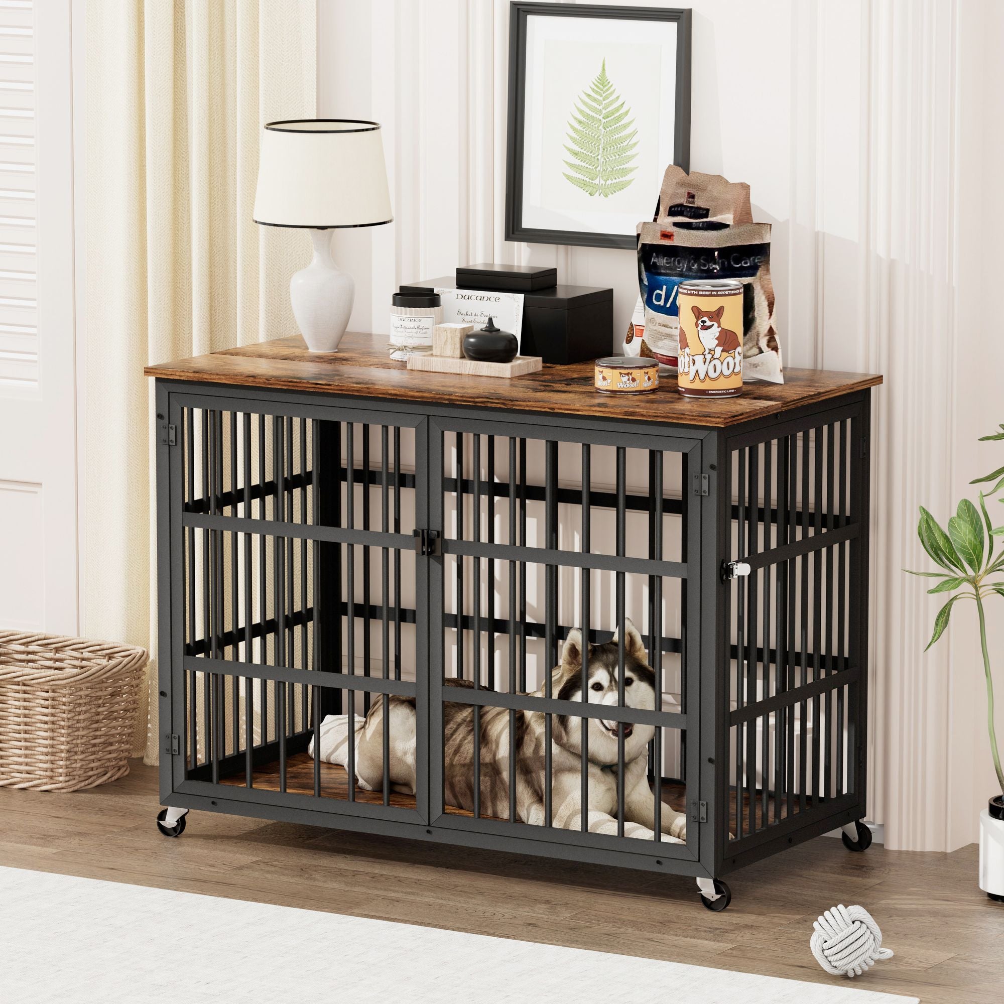 Furniture style dog crate wrought iron frame door with side openings, Rustic Brown, 43.3''W x 29.9''D x 33.5''H. - Spot