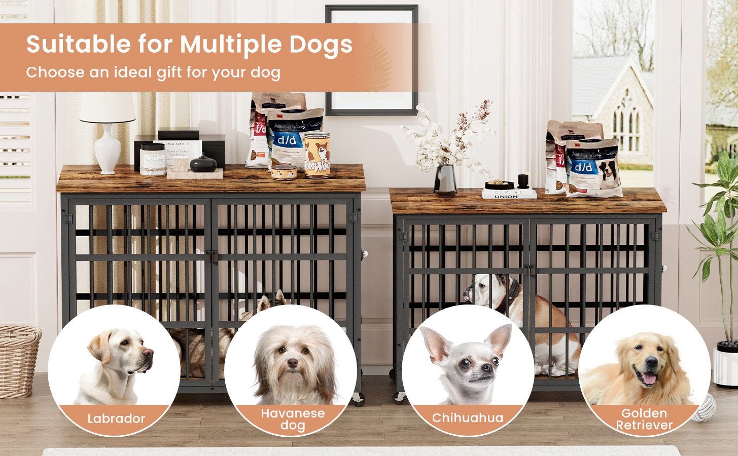 Furniture style dog crate wrought iron frame door with side openings, Rustic Brown, 43.3''W x 29.9''D x 33.5''H. - Spot