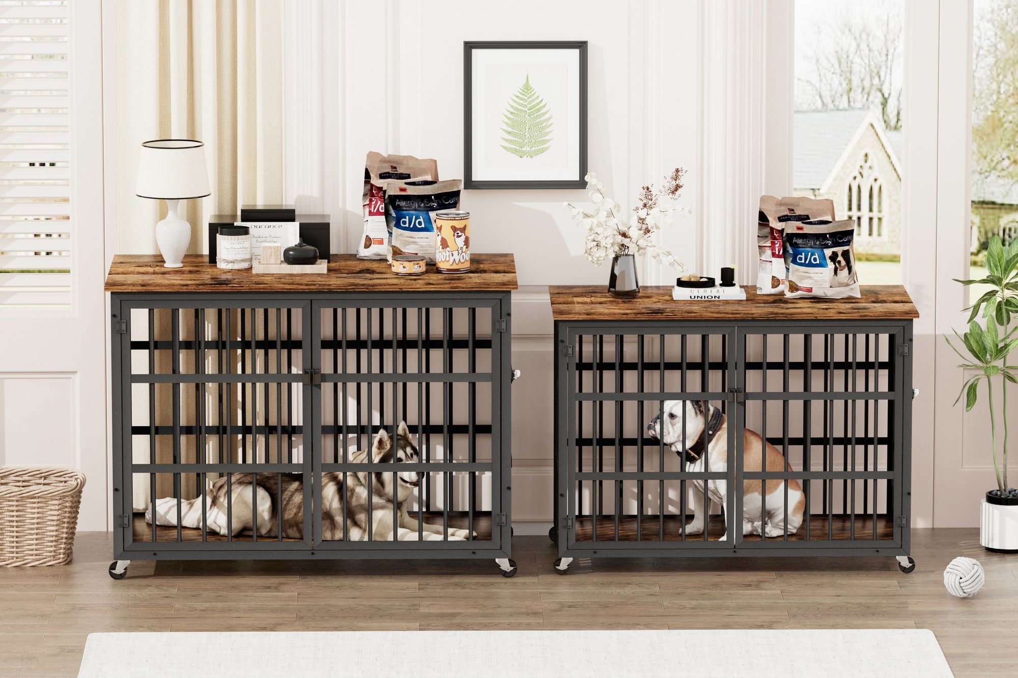 Furniture style dog crate wrought iron frame door with side openings, Rustic Brown, 43.3''W x 29.9''D x 33.5''H. - Spot