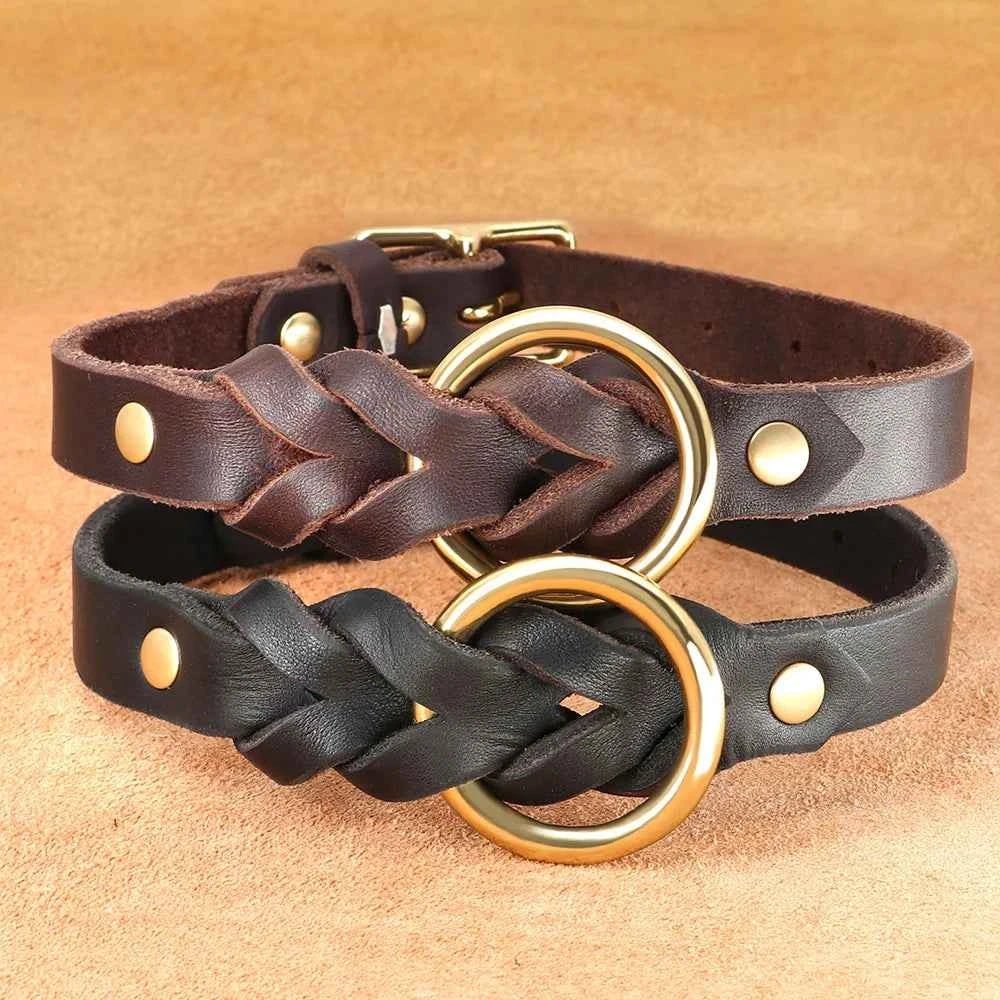 Braided Leather Dog Collar Leash Set for Medium-Large Dogs - Genuine Leather German Shepherd Pet Accessories by Souths Cheap Stuff