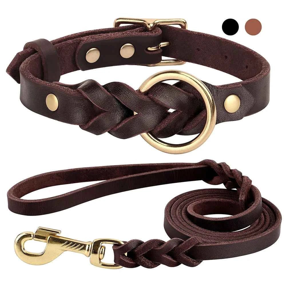 Braided Leather Dog Collar Leash Set for Medium-Large Dogs - Genuine Leather German Shepherd Pet Accessories by Souths Cheap Stuff