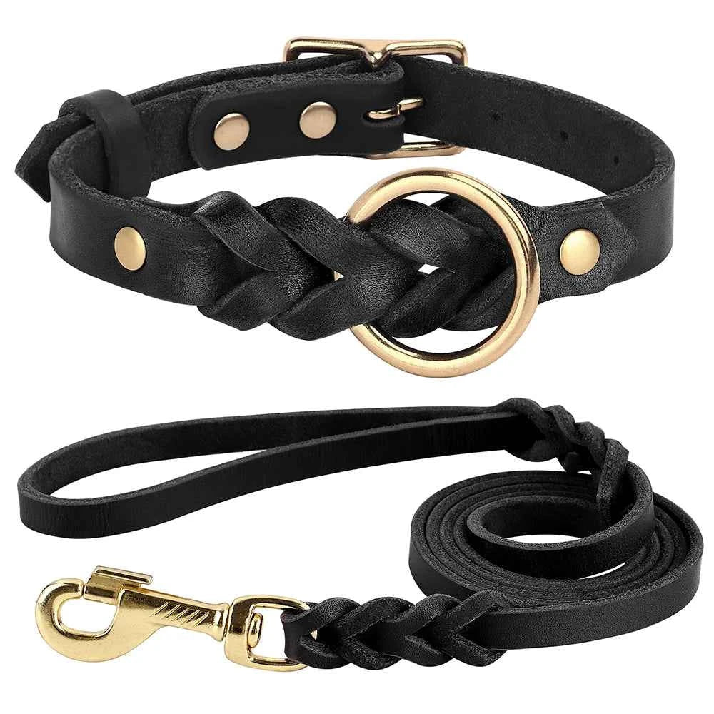 Braided Leather Dog Collar Leash Set for Medium-Large Dogs - Genuine Leather German Shepherd Pet Accessories by Souths Cheap Stuff