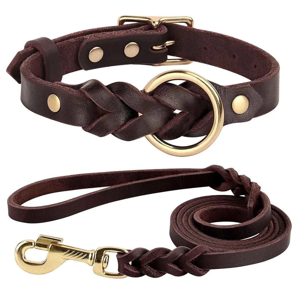 Braided Leather Dog Collar Leash Set for Medium-Large Dogs - Genuine Leather German Shepherd Pet Accessories by Souths Cheap Stuff