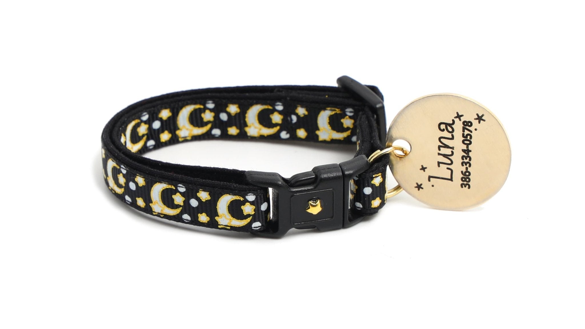 Gold Moons and Stars on Black V2 Cat Collar by Pugs2Persians