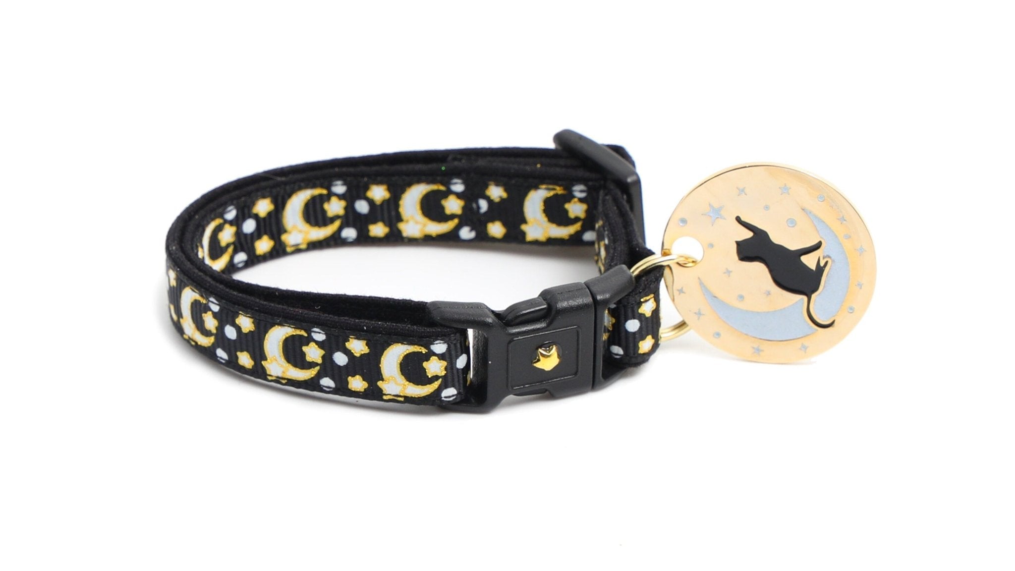 Gold Moons and Stars on Black V2 Cat Collar by Pugs2Persians