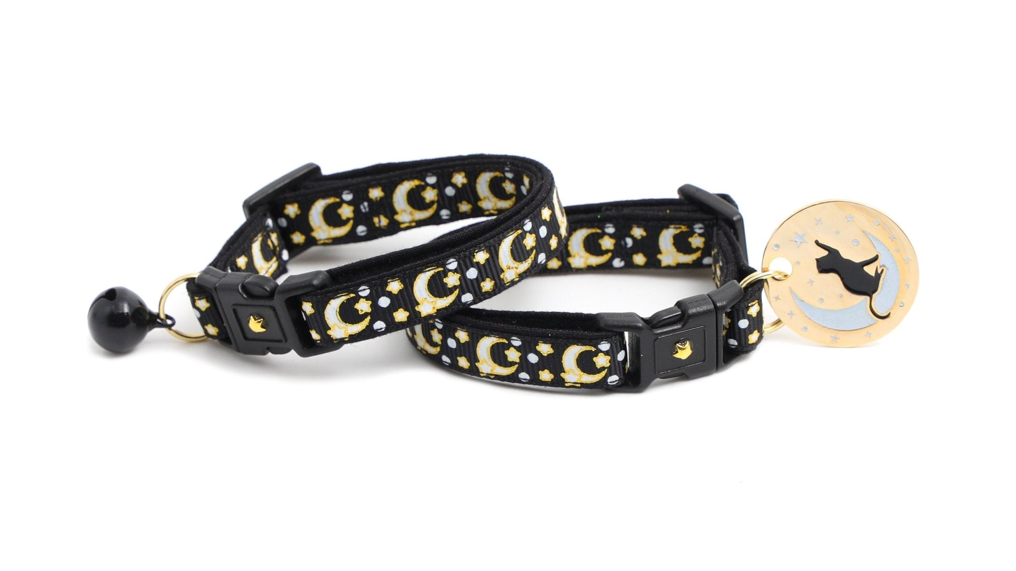 Gold Moons and Stars on Black V2 Cat Collar by Pugs2Persians