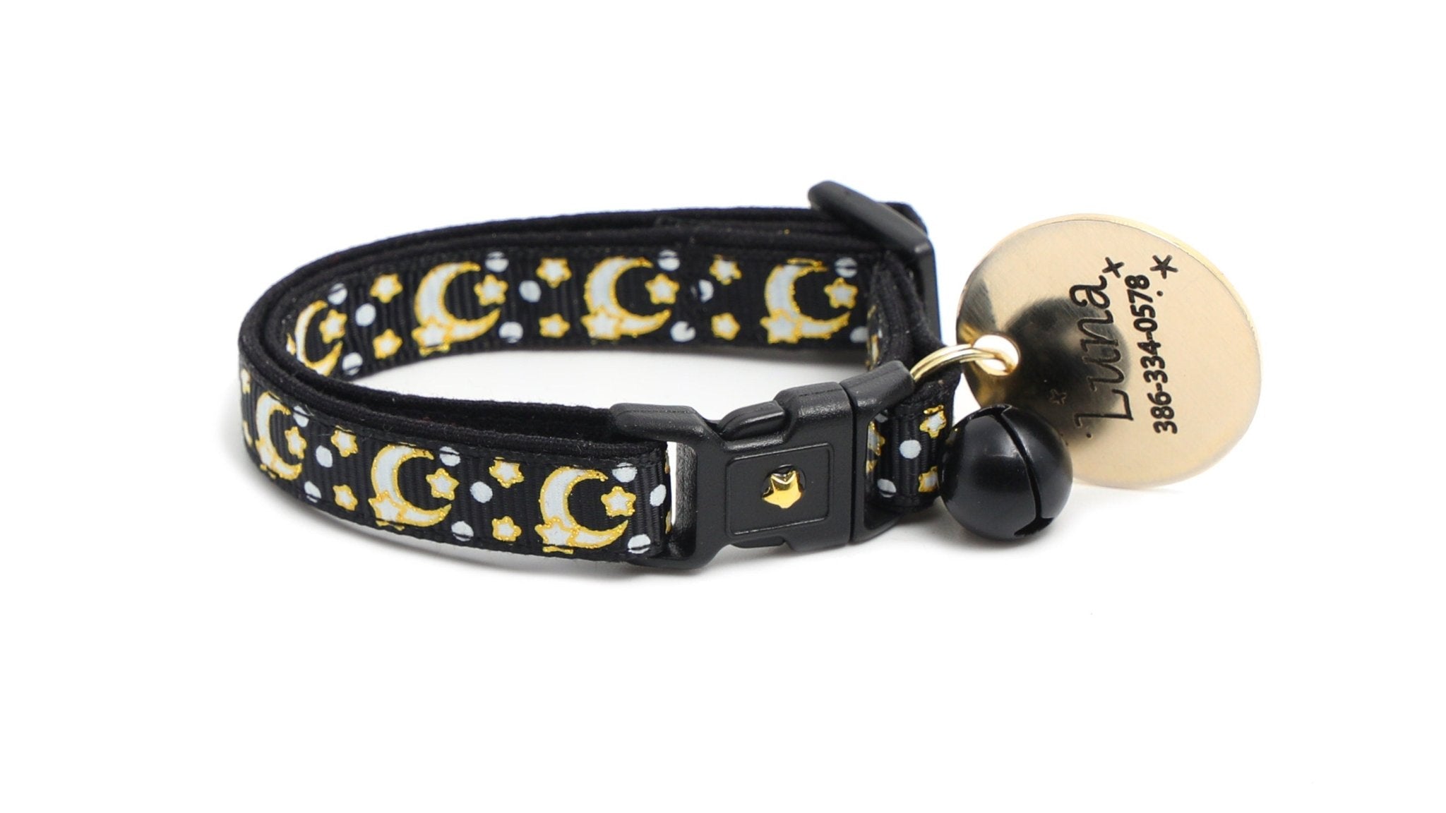Gold Moons and Stars on Black V2 Cat Collar by Pugs2Persians