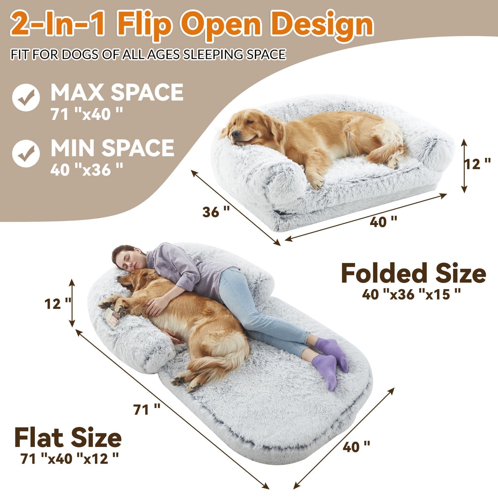 Human Dog Bed, 71"x43"x12" Dog Beds for Large Dogs, Foldable Plush Washable Dog Bed for People Doze Off, Orthopedic Dog Beds for Humans Size Fits You and Pets - Spot