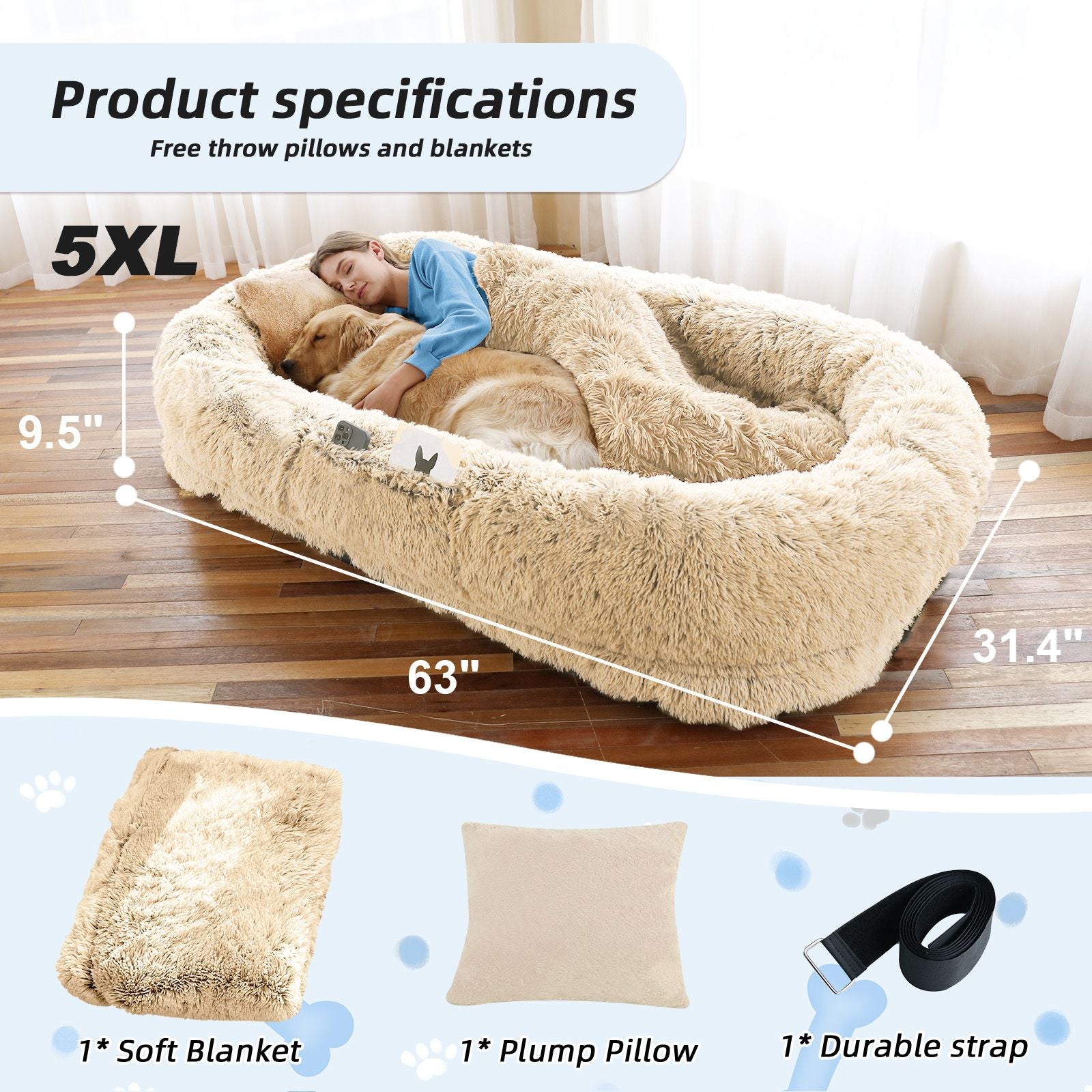 Human Dog Bed, Large Size Fits You and Pets, Washable Faux Fur Dog Bed for People Doze Off, Napping Orthopedic Dog Bed, Present Plump Pillow, Blanket, Strap - Spot