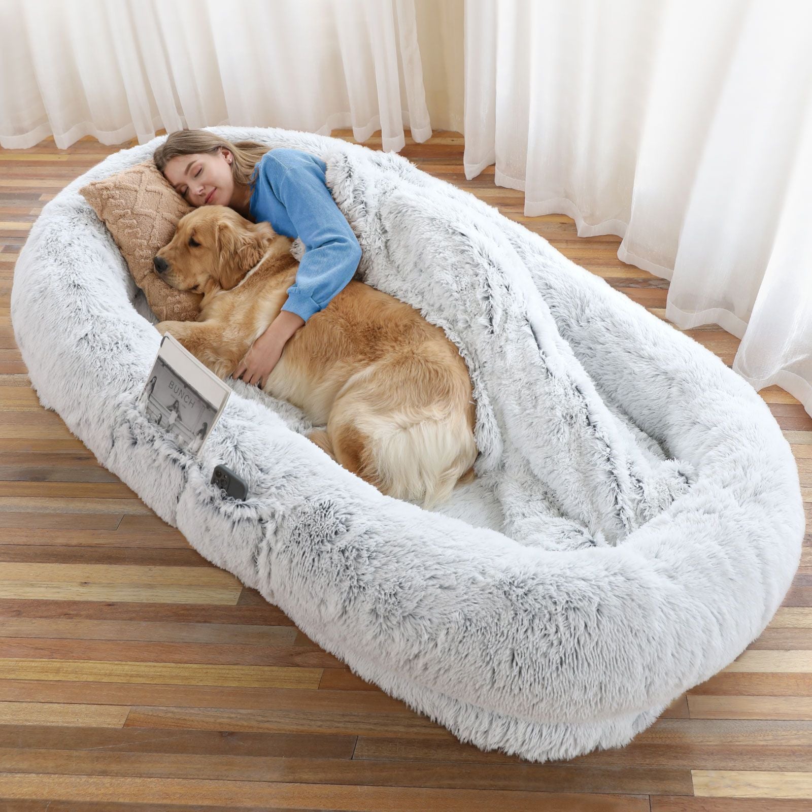 Human Dog Bed, Large Size Fits You and Pets, Washable Faux Fur Dog Bed for People Doze Off, Napping Orthopedic Dog Bed, Present Plump Pillow, Blanket, Strap - Spot