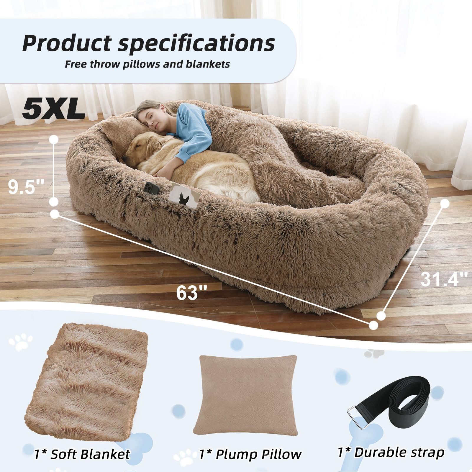 Human Dog Bed, Large Size Fits You and Pets, Washable Faux Fur Dog Bed for People Doze Off, Napping Orthopedic Dog Bed, Present Plump Pillow, Blanket, Strap - Spot