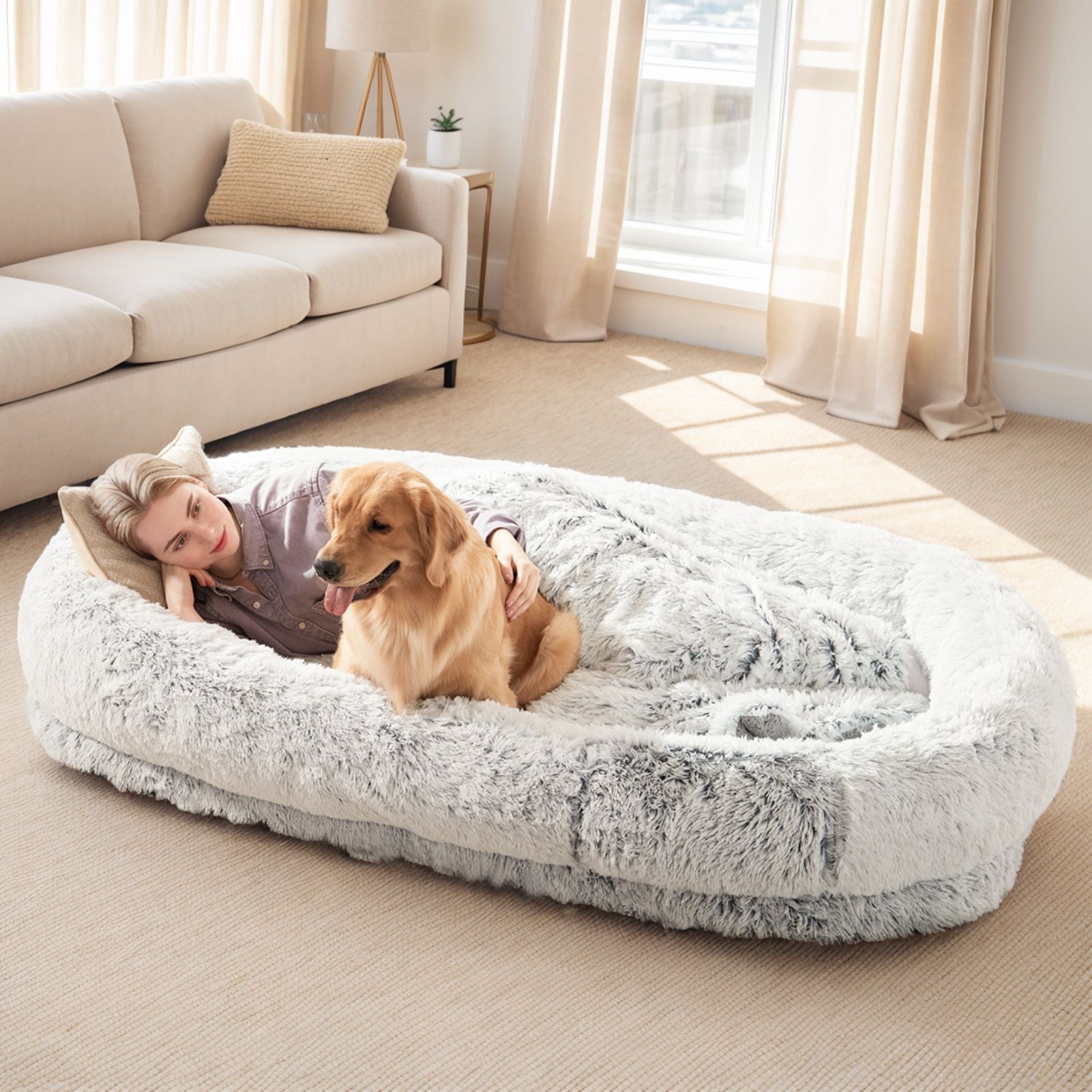 Human Dog Bed, Large Size Fits You and Pets, Washable Faux Fur Dog Bed for People Doze Off, Napping Orthopedic Dog Bed, Present Plump Pillow, Blanket, Strap - Spot