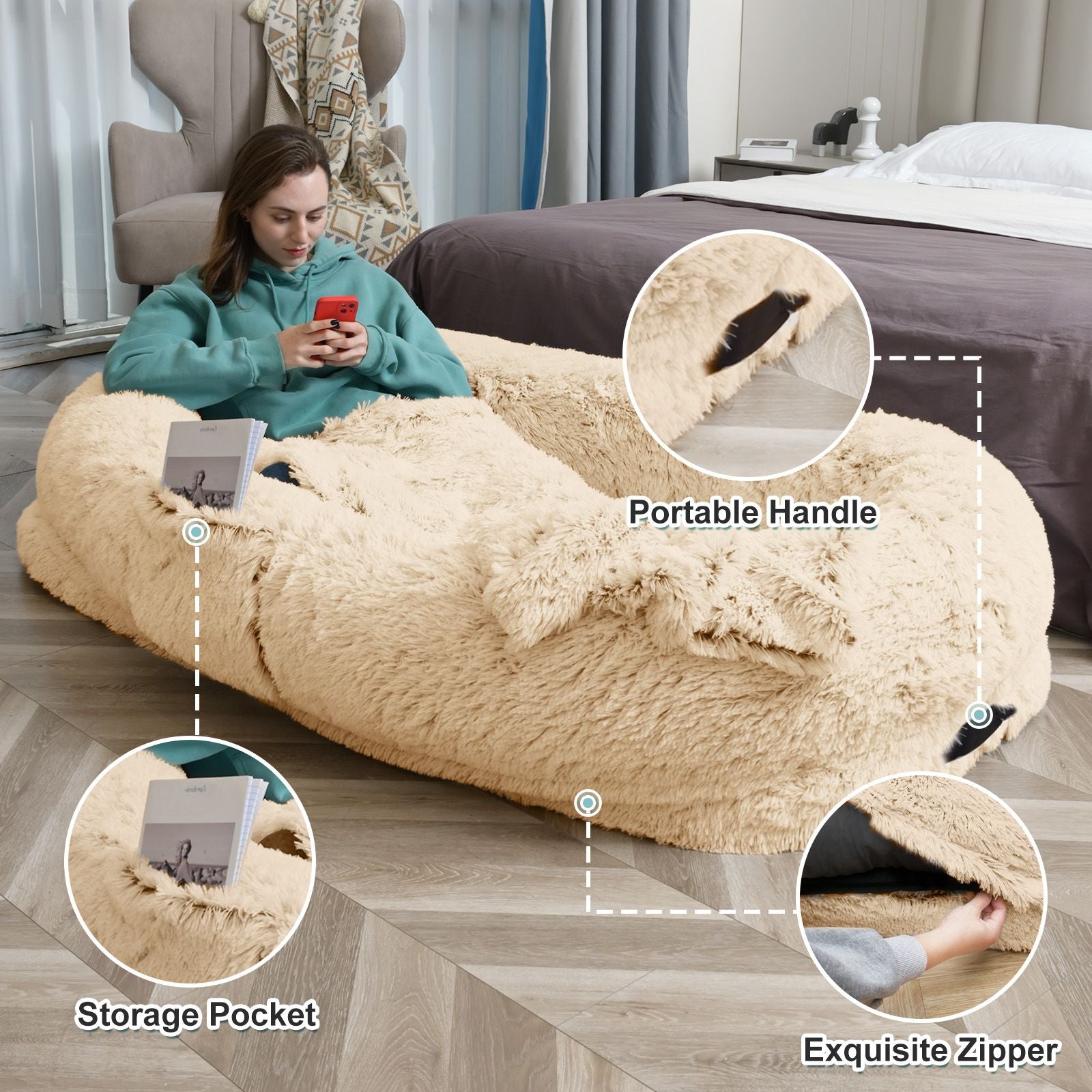 Human Dog Bed, Large Size Fits You and Pets, Washable Faux Fur Dog Bed for People Doze Off, Napping Orthopedic Dog Bed, Present Plump Pillow, Blanket, Strap - Spot