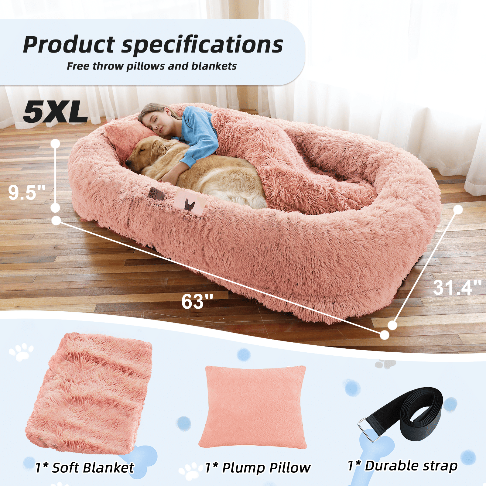 Human Dog Bed, Large Size Fits You and Pets, Washable Faux Fur Dog Bed for People Doze Off, Napping Orthopedic Dog Bed, Present Plump Pillow, Blanket, Strap - Spot