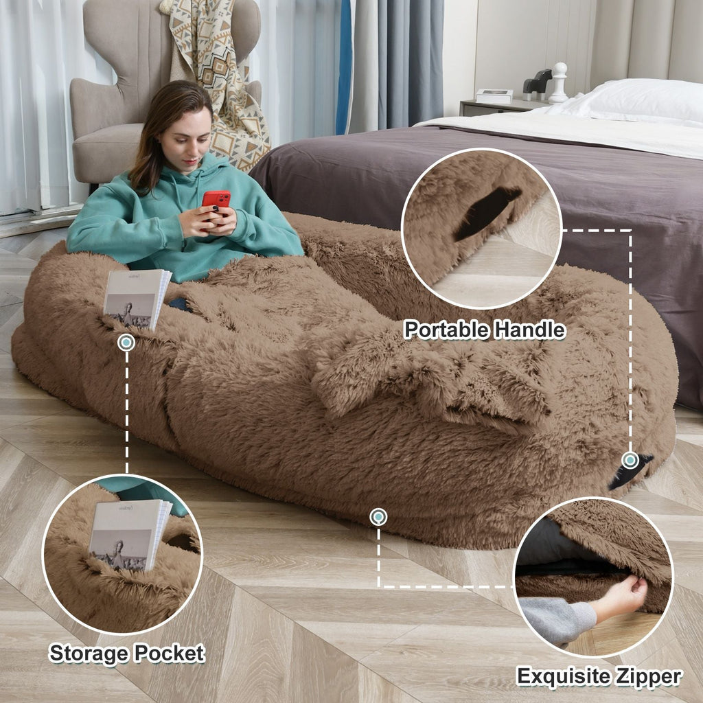 Human Dog Bed, Large Size Fits You and Pets, Washable Faux Fur Dog Bed for People Doze Off, Napping Orthopedic Dog Bed, Present Plump Pillow, Blanket, Strap - Spot