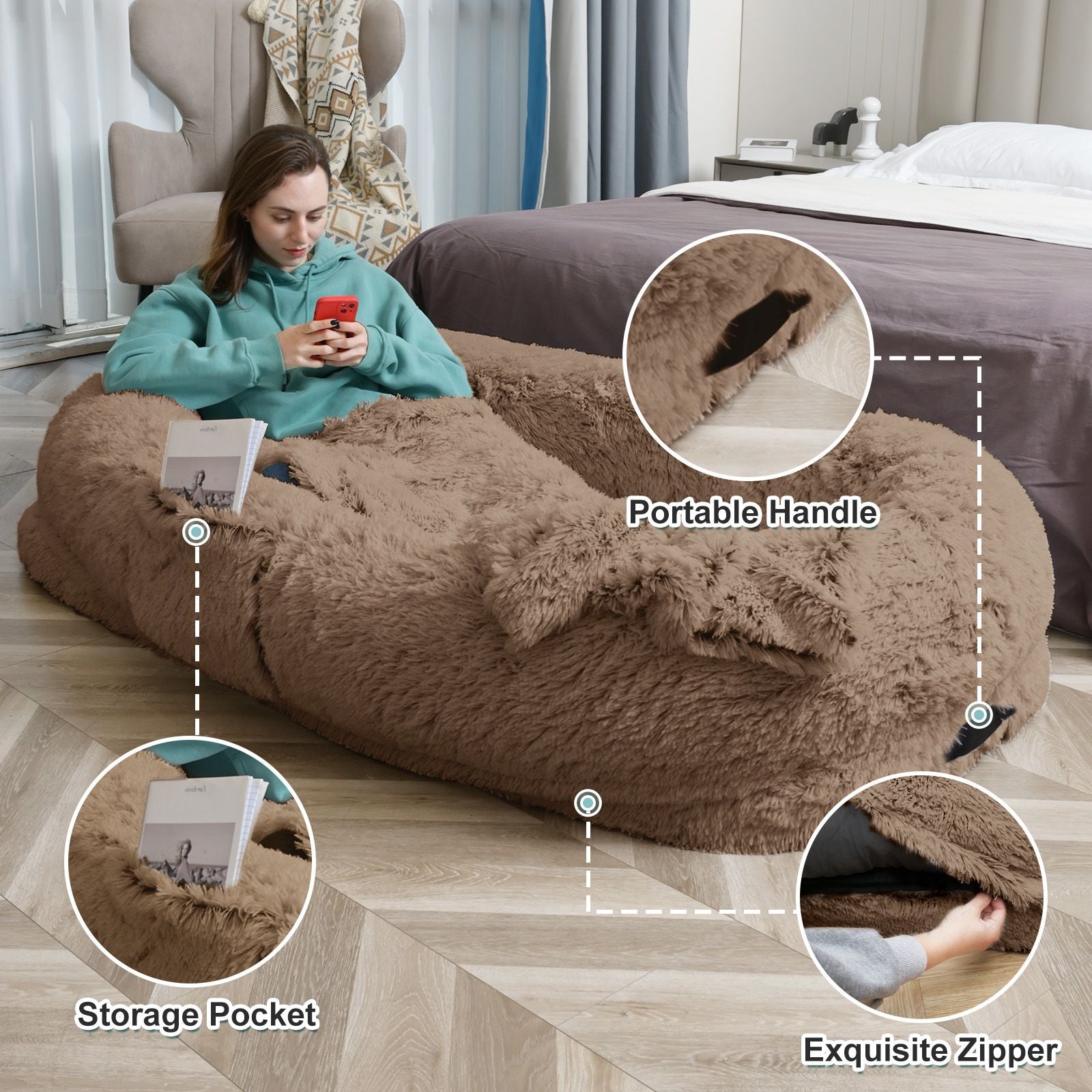 Human Dog Bed, Large Size Fits You and Pets, Washable Faux Fur Dog Bed for People Doze Off, Napping Orthopedic Dog Bed, Present Plump Pillow, Blanket, Strap - Spot