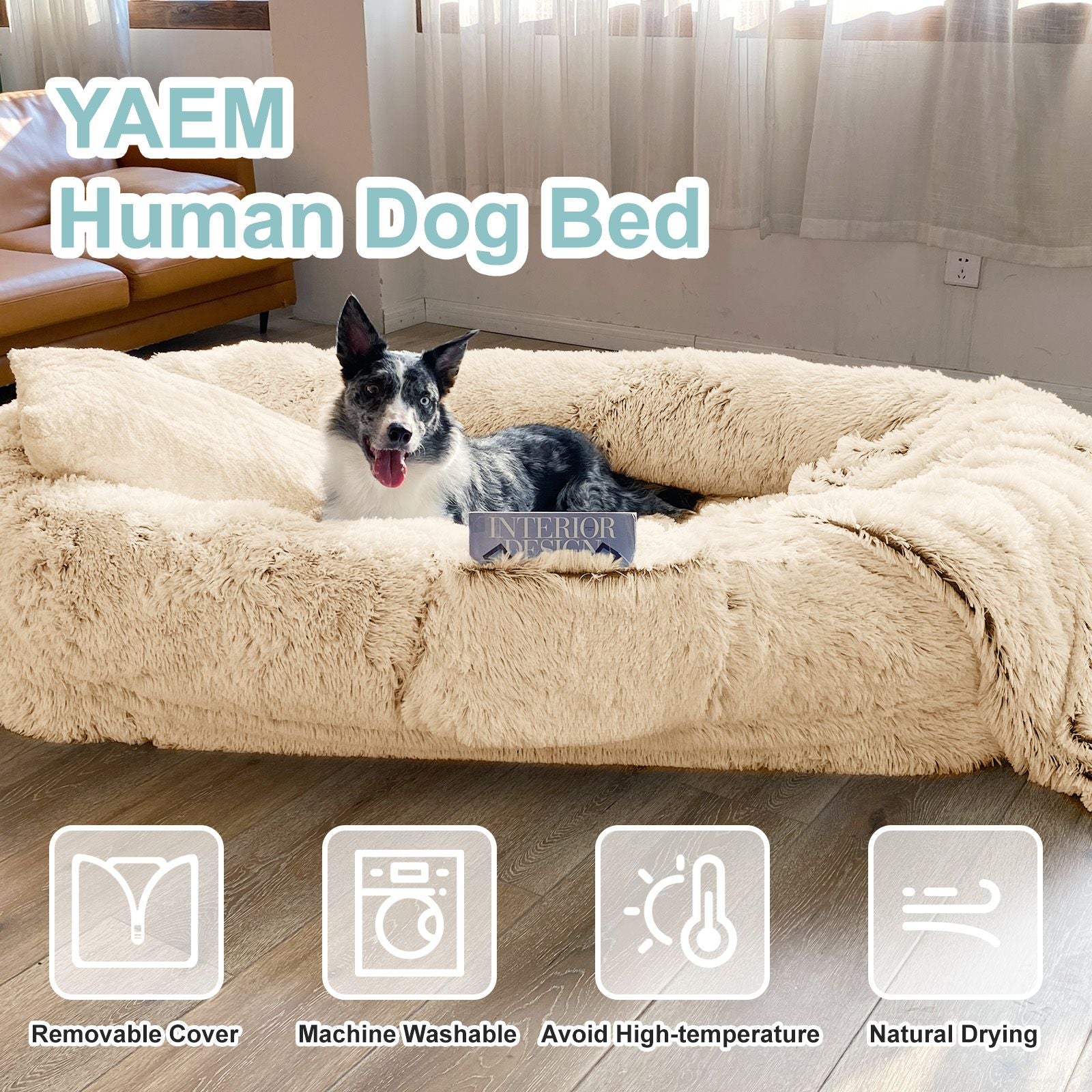 Human Dog Bed, Large Size Fits You and Pets, Washable Faux Fur Dog Bed for People Doze Off, Napping Orthopedic Dog Bed, Present Plump Pillow, Blanket, Strap - Spot