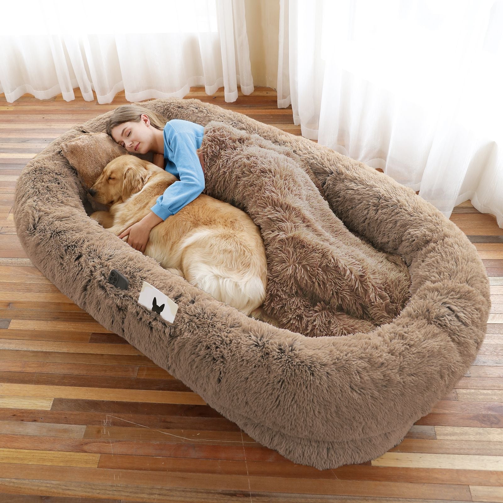 Human Dog Bed, Large Size Fits You and Pets, Washable Faux Fur Dog Bed for People Doze Off, Napping Orthopedic Dog Bed, Present Plump Pillow, Blanket, Strap - Spot
