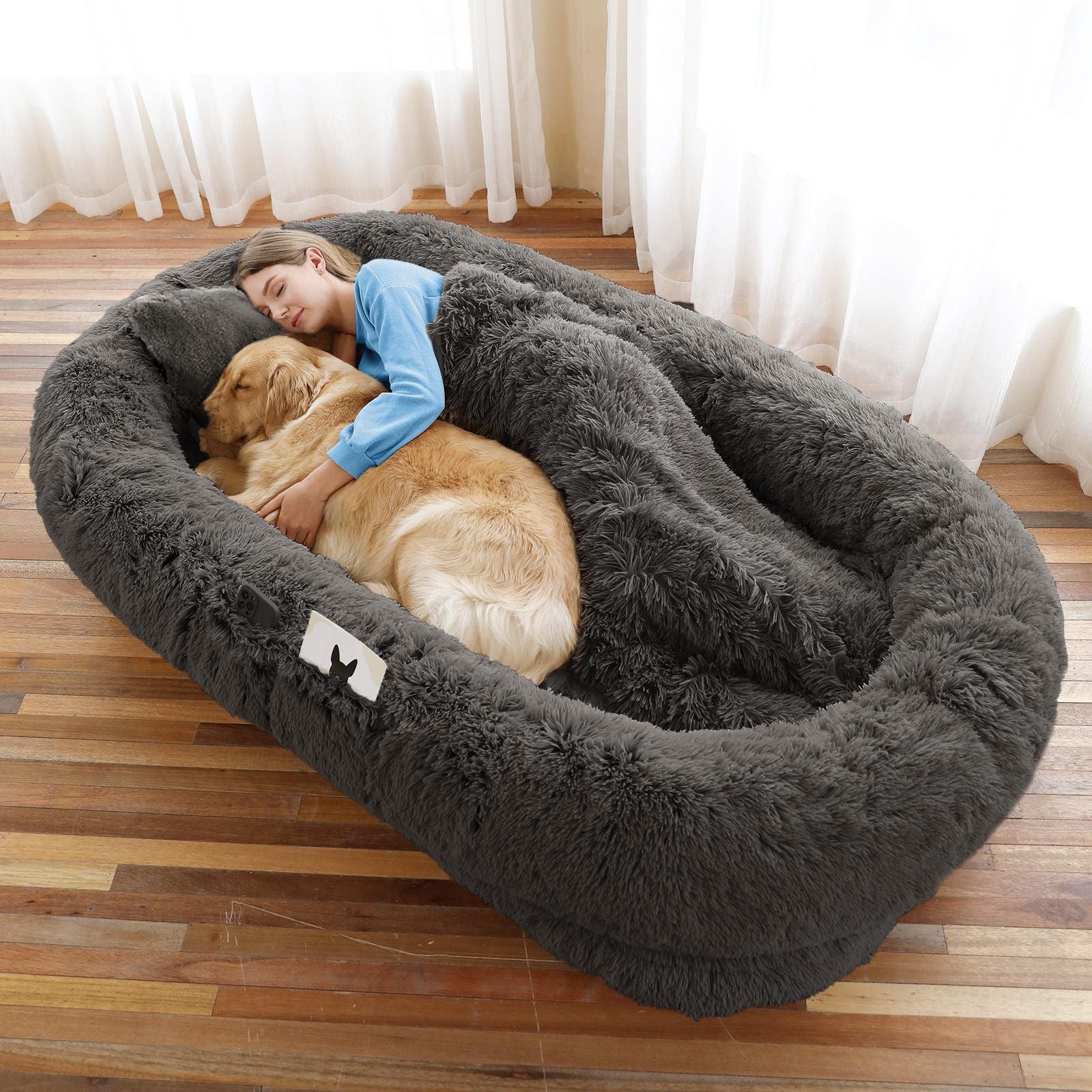 Human Dog Bed, Large Size Fits You and Pets, Washable Faux Fur Dog Bed for People Doze Off, Napping Orthopedic Dog Bed, Present Plump Pillow, Blanket, Strap - Spot