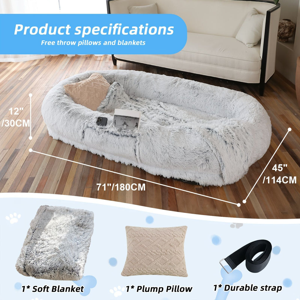 Human Dog Bed, Large Size Fits You and Pets, Washable Faux Fur Dog Bed for People Doze Off, Napping Orthopedic Dog Bed, Present Plump Pillow, Blanket, Strap - Spot