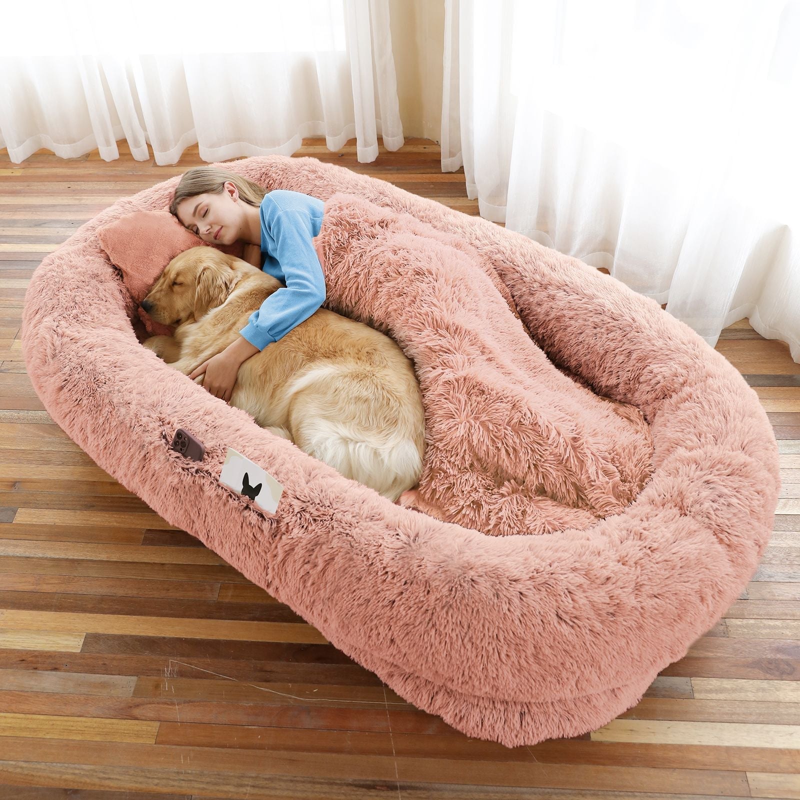 Human Dog Bed, Large Size Fits You and Pets, Washable Faux Fur Dog Bed for People Doze Off, Napping Orthopedic Dog Bed, Present Plump Pillow, Blanket, Strap - Spot