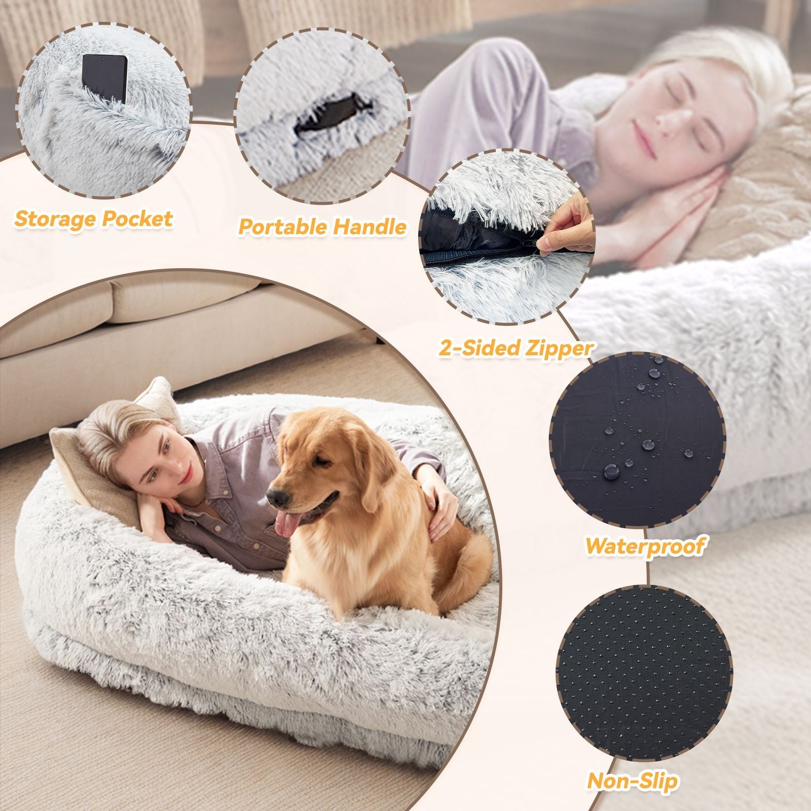 Human Dog Bed, Large Size Fits You and Pets, Washable Faux Fur Dog Bed for People Doze Off, Napping Orthopedic Dog Bed, Present Plump Pillow, Blanket, Strap - Spot