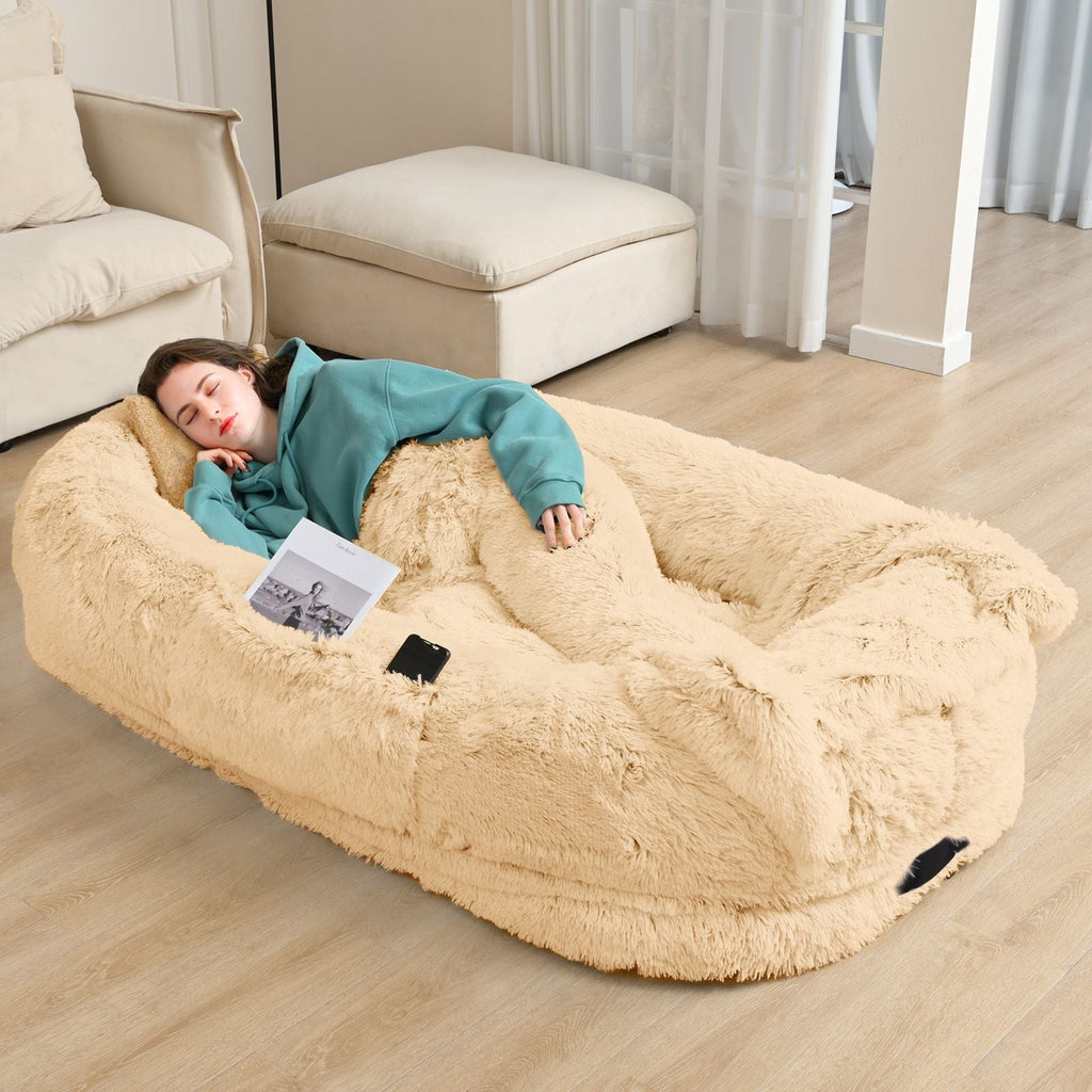 Human Dog Bed, Large Size Fits You and Pets, Washable Faux Fur Dog Bed for People Doze Off, Napping Orthopedic Dog Bed, Present Plump Pillow, Blanket, Strap - Spot