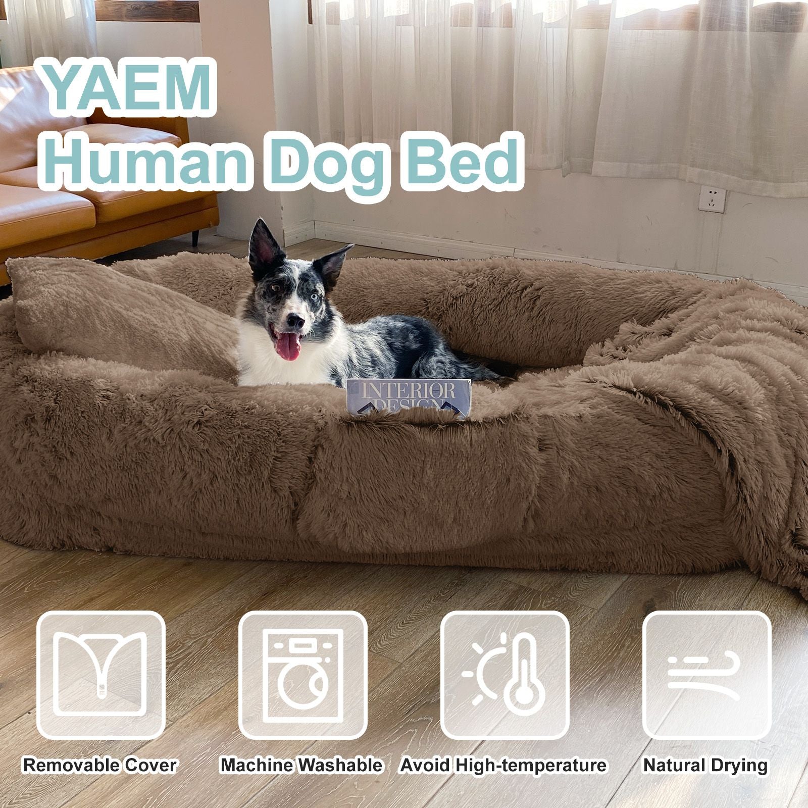 Human Dog Bed, Large Size Fits You and Pets, Washable Faux Fur Dog Bed for People Doze Off, Napping Orthopedic Dog Bed, Present Plump Pillow, Blanket, Strap - Spot