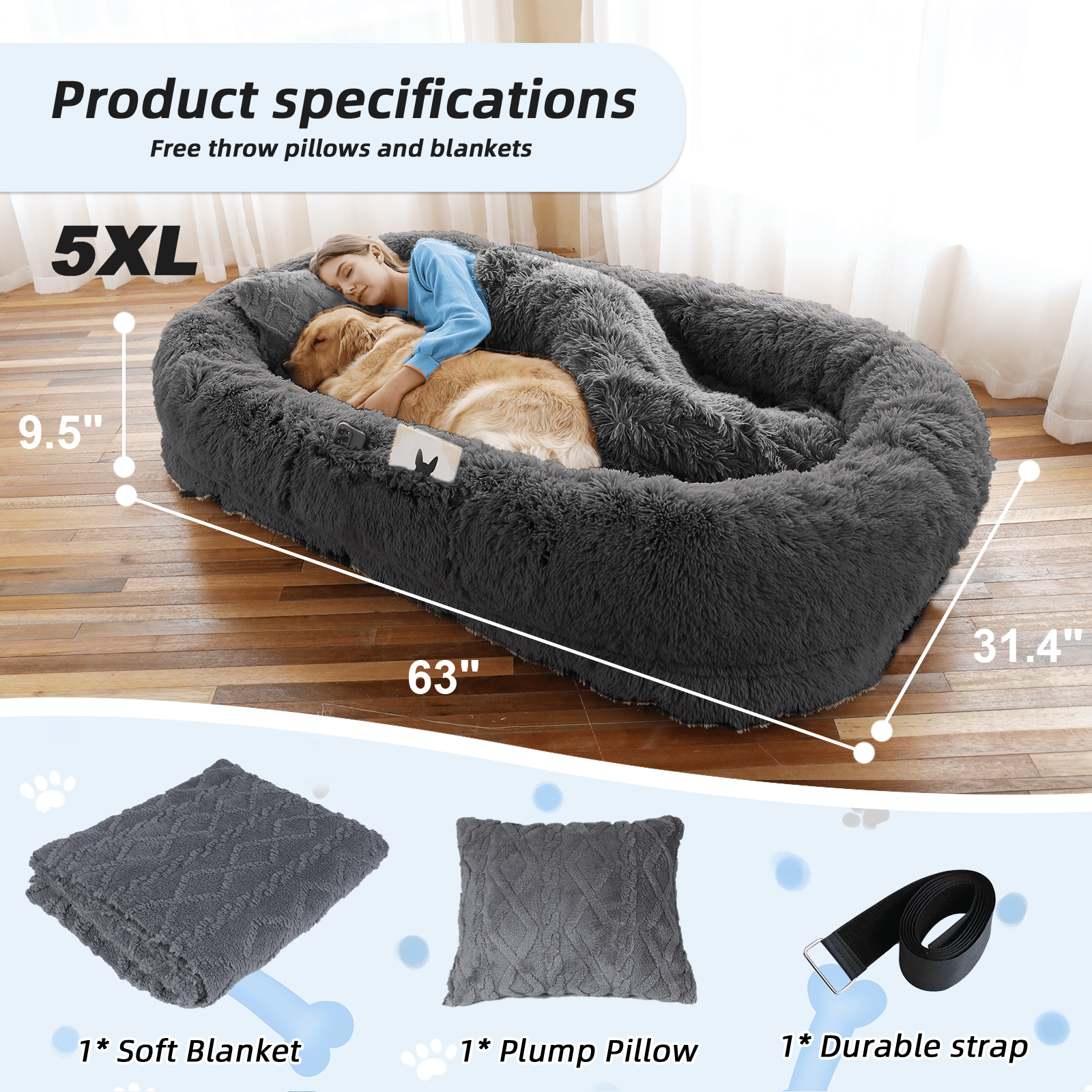 Human Dog Bed, Large Size Fits You and Pets, Washable Faux Fur Dog Bed for People Doze Off, Napping Orthopedic Dog Bed, Present Plump Pillow, Blanket, Strap - Spot