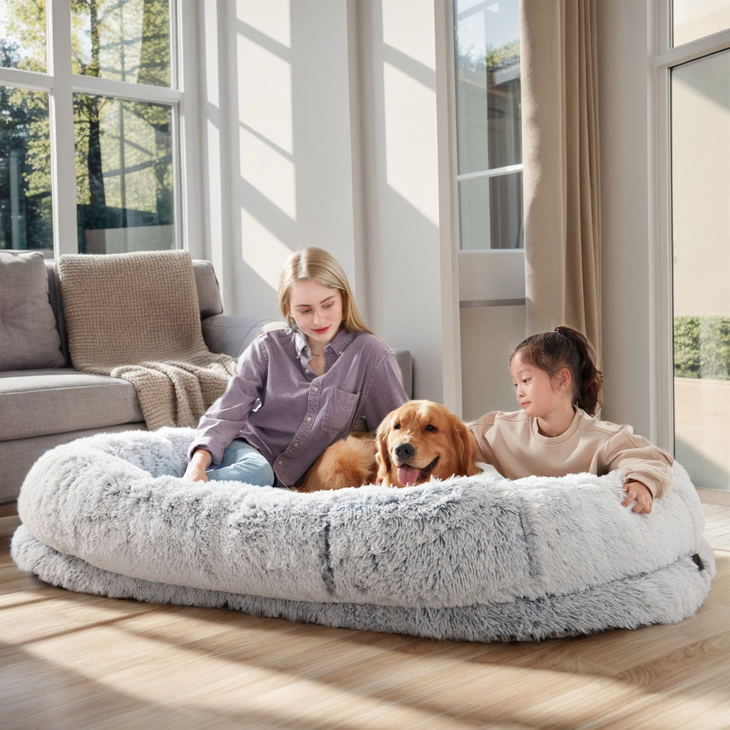 Human Dog Bed, Large Size Fits You and Pets, Washable Faux Fur Dog Bed for People Doze Off, Napping Orthopedic Dog Bed, Present Plump Pillow, Blanket, Strap - Spot